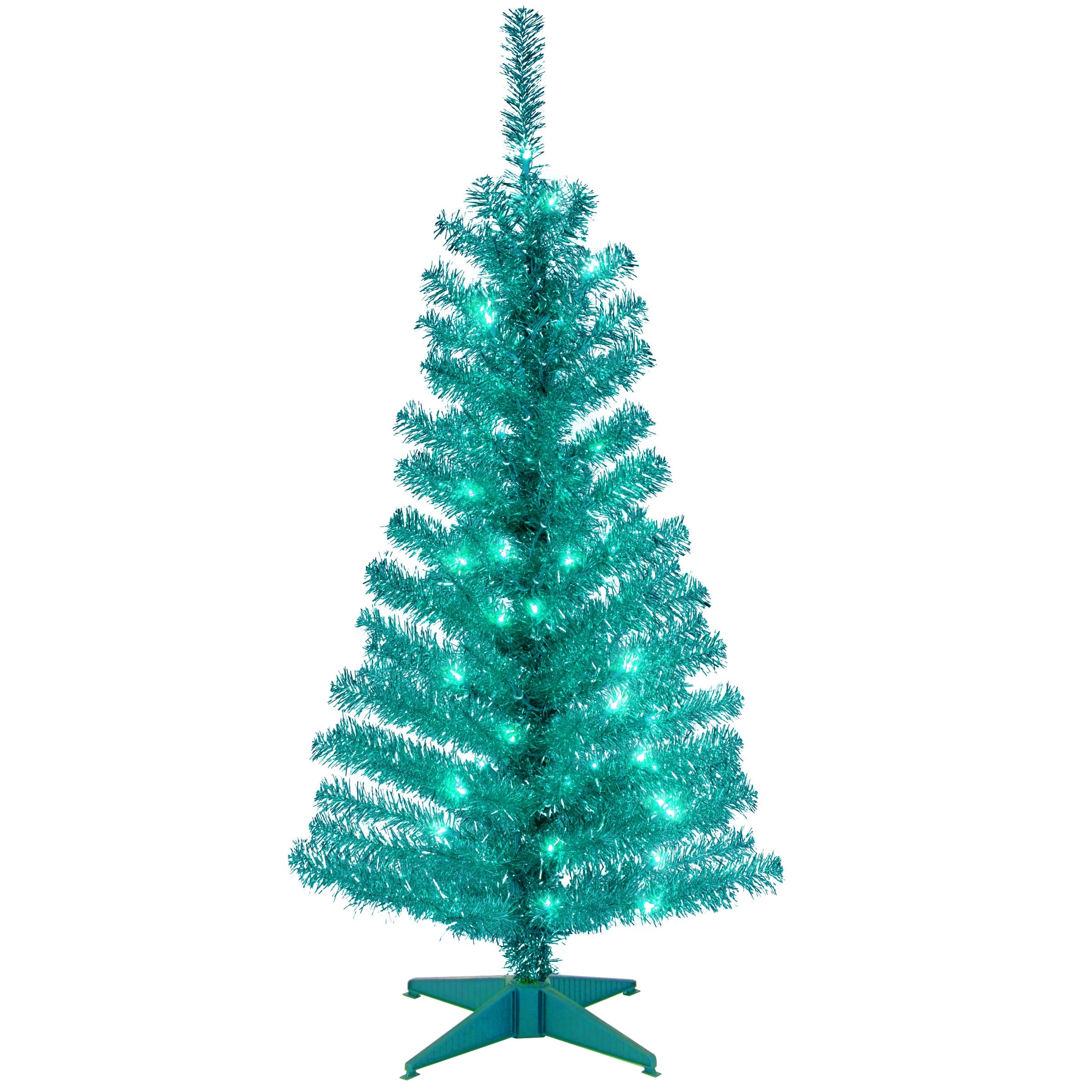 4 Ft. Tinsel Tree Turquoise With Clear Lights