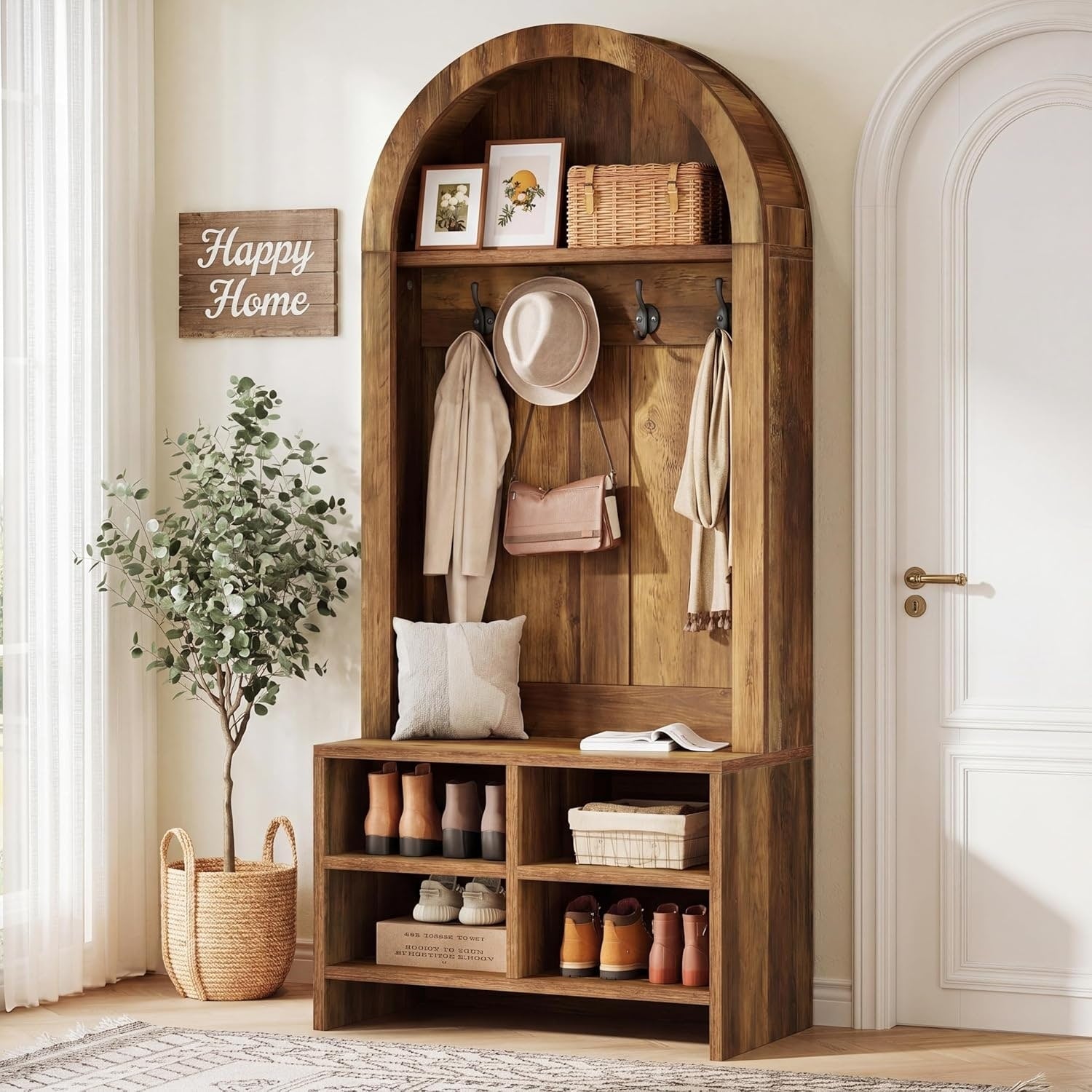 4 In 1 Arched Hall Tree With Bench And Shoe Storage 70.87 H Tall Entryway Coat Rack With 4 Hooks Storage Cubbies