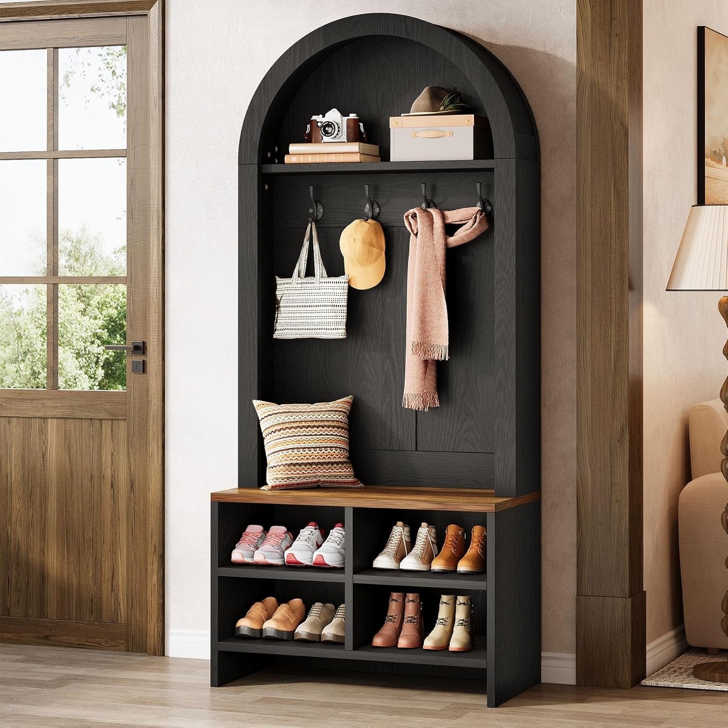 4 In 1 Entryway Coat Rack With 4 Hooks Storage Cubbies 70.87 H Tall Arched Hall Tree