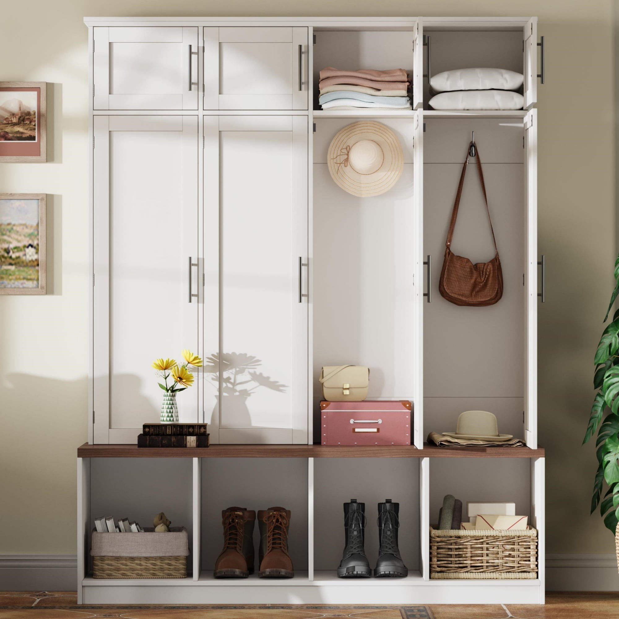 4 In 1 Farmhouse Hall Tree With Bench And Storage For Entryway