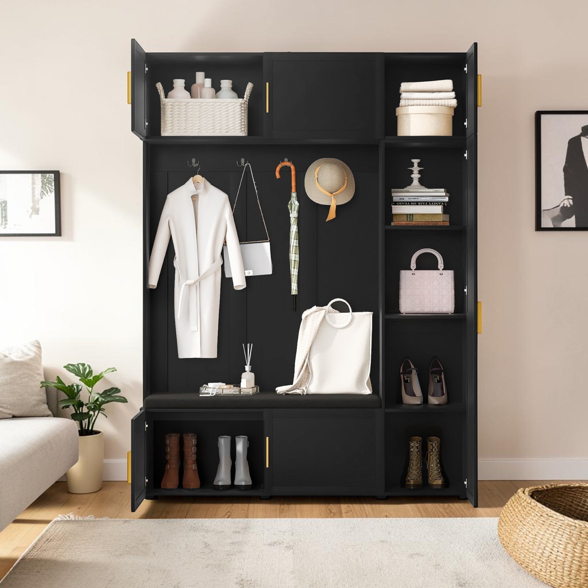 4 In 1 Hall Tree With Shoe Bench Storage Shelves And Coat Hooks Farmhouse Entryway Organizer