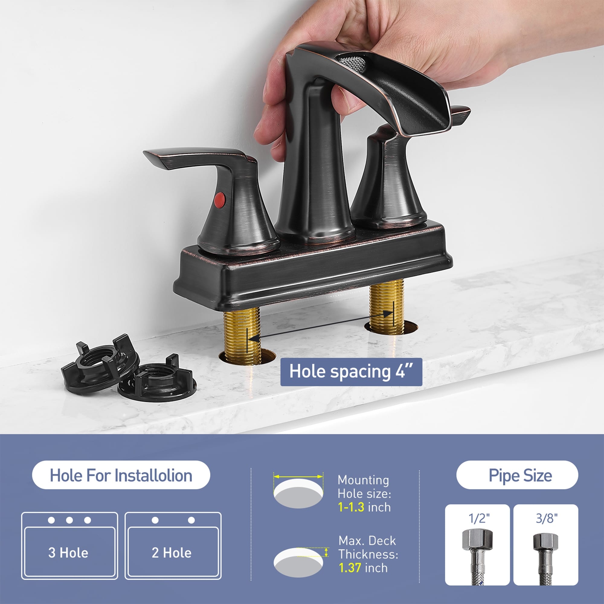 4 In. Centerset Double Handle Waterfall Bathroom Faucet With Pop Up Drain Kit Sink Vanity Basin Taps