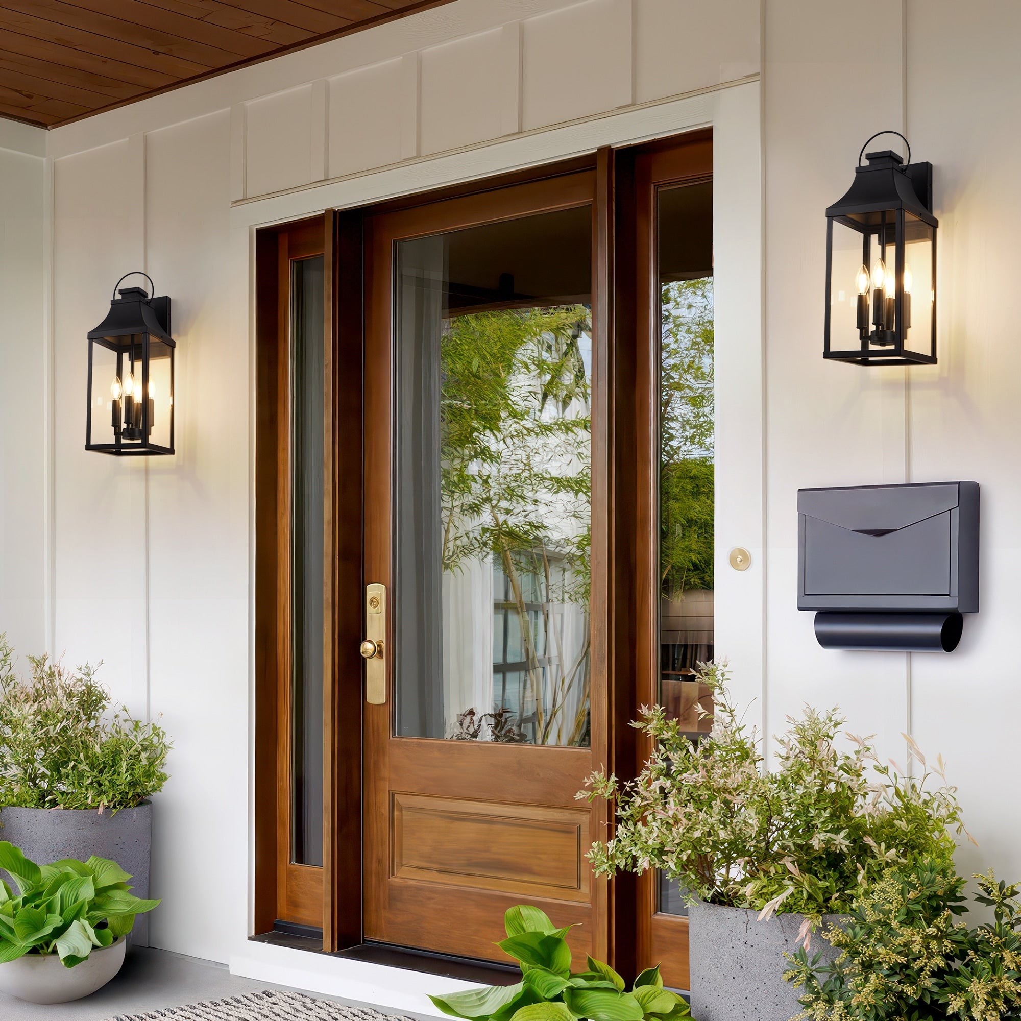 4 Light Outdoor Wall Light With Matte Black Lantern Clear Glass