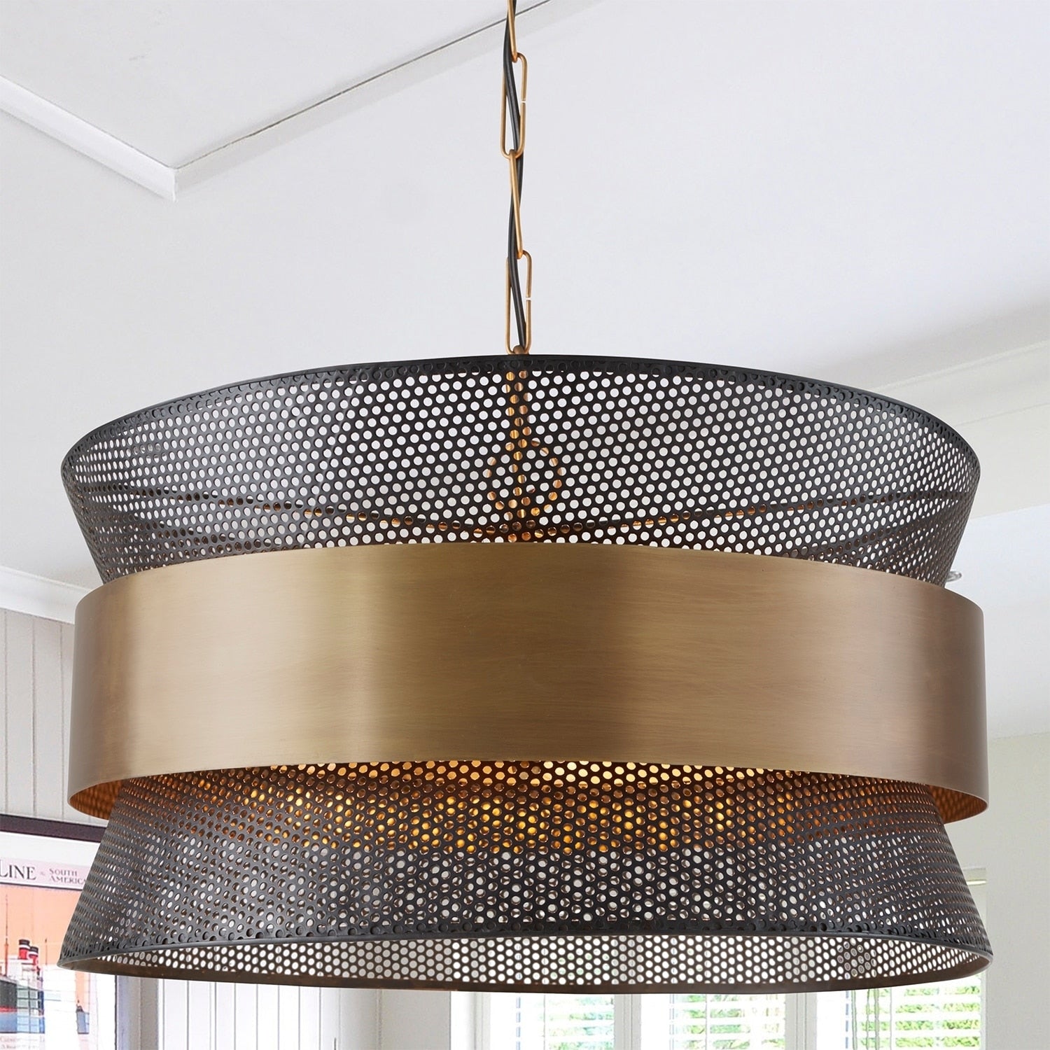 4 Light Patinaed Brass Black Pendant