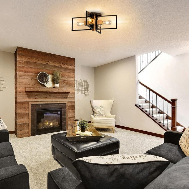 4 Light Bulbs Light Metal Wood Light Fixture Black Natural Wood Color Ceiling Light N A