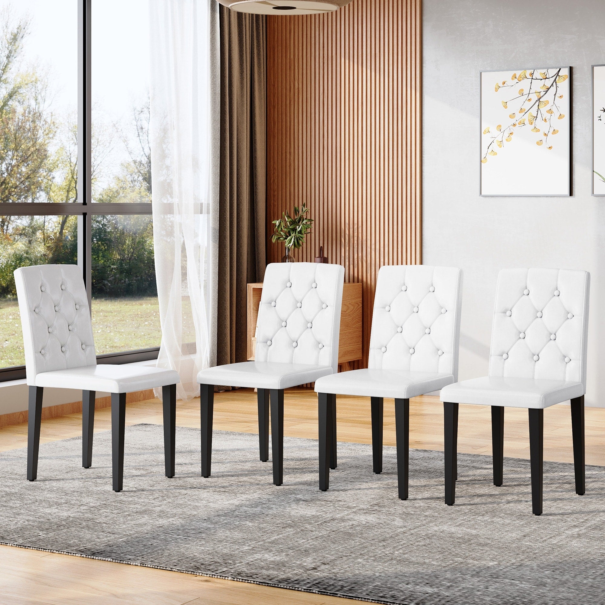 4 Pack Pu Dining Chairs Ergonomic Buckle Backrest 35 Inches High Black Metal Legs Combines Comfort And Texture