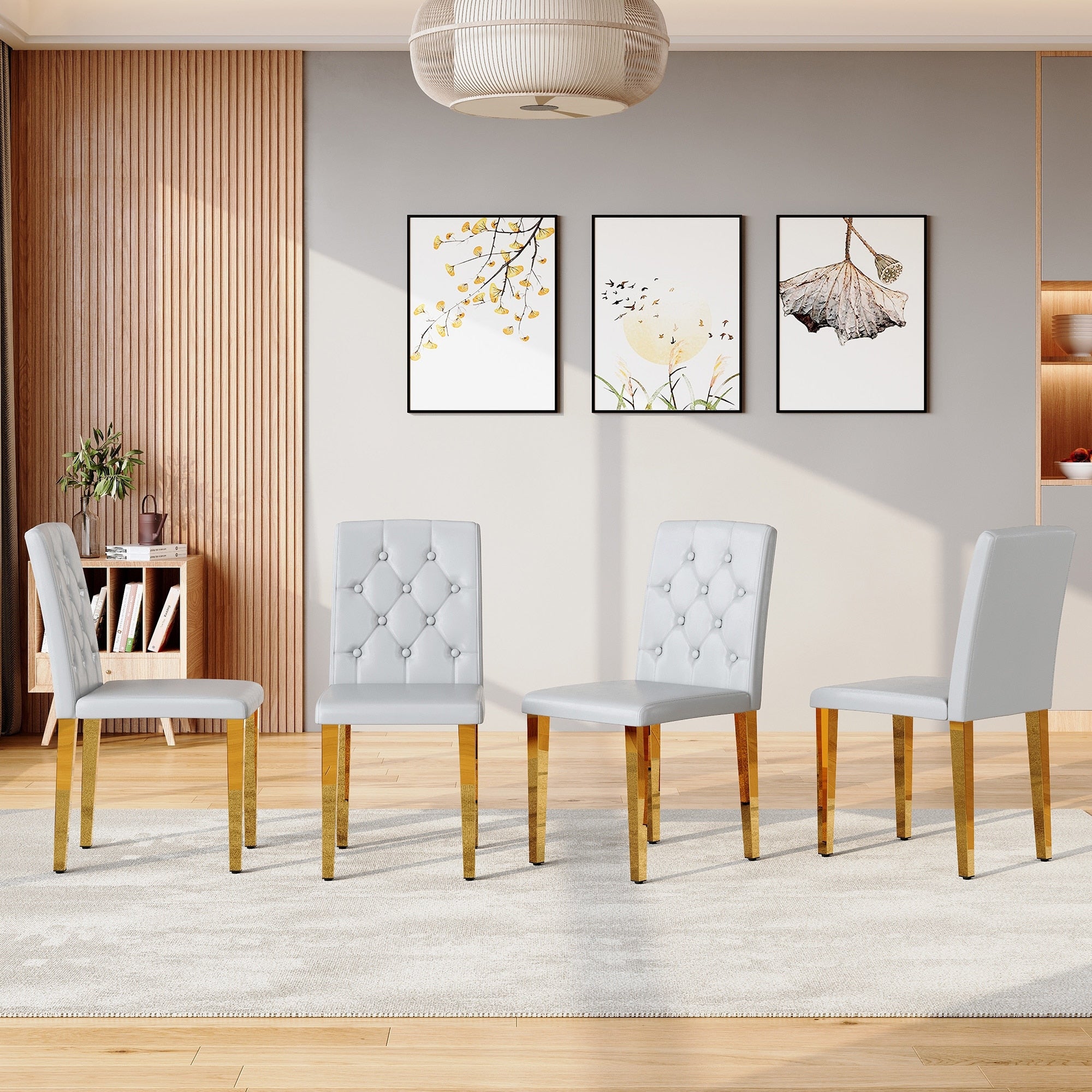 4 Piece Set Of Pu Dining Chairs Ergonomically Designed Buckle Backrest 35 Inches High Gold Metal Legs