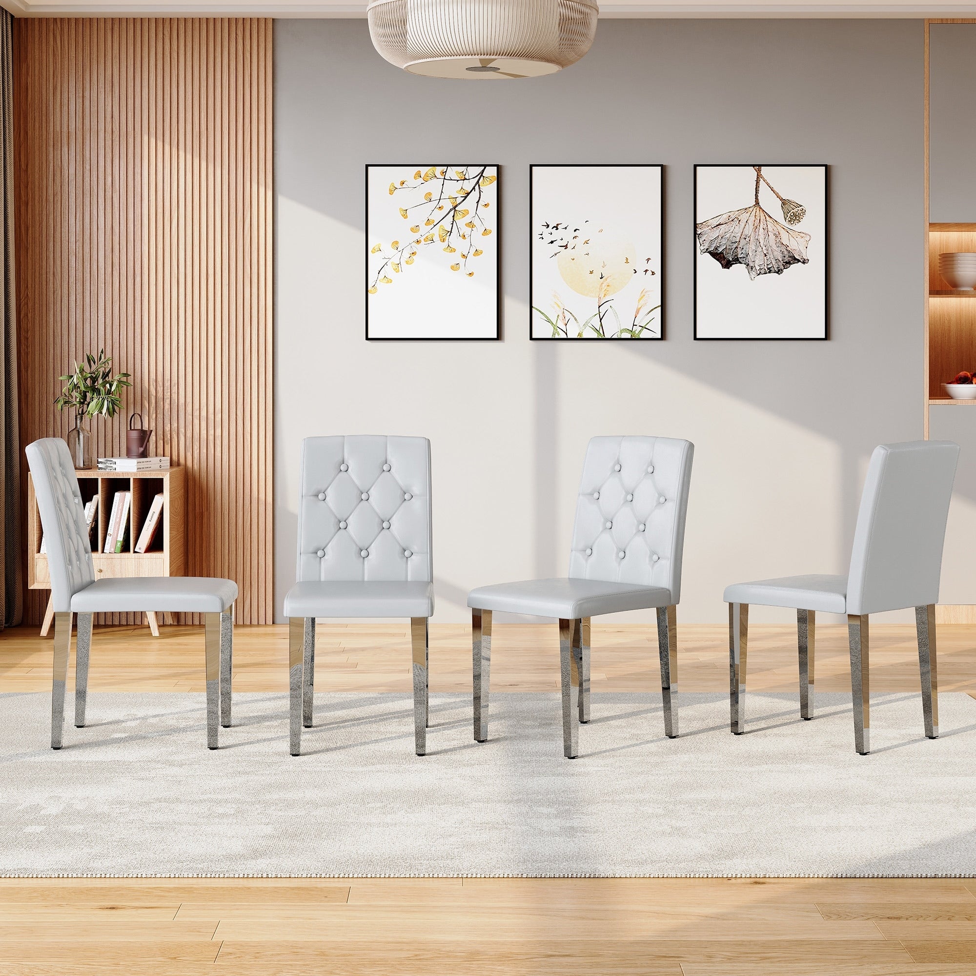 4 Piece Set Of Pu Dining Chairs Ergonomically Designed Buckle Backrest 35 Inches High Silver Metal Legs