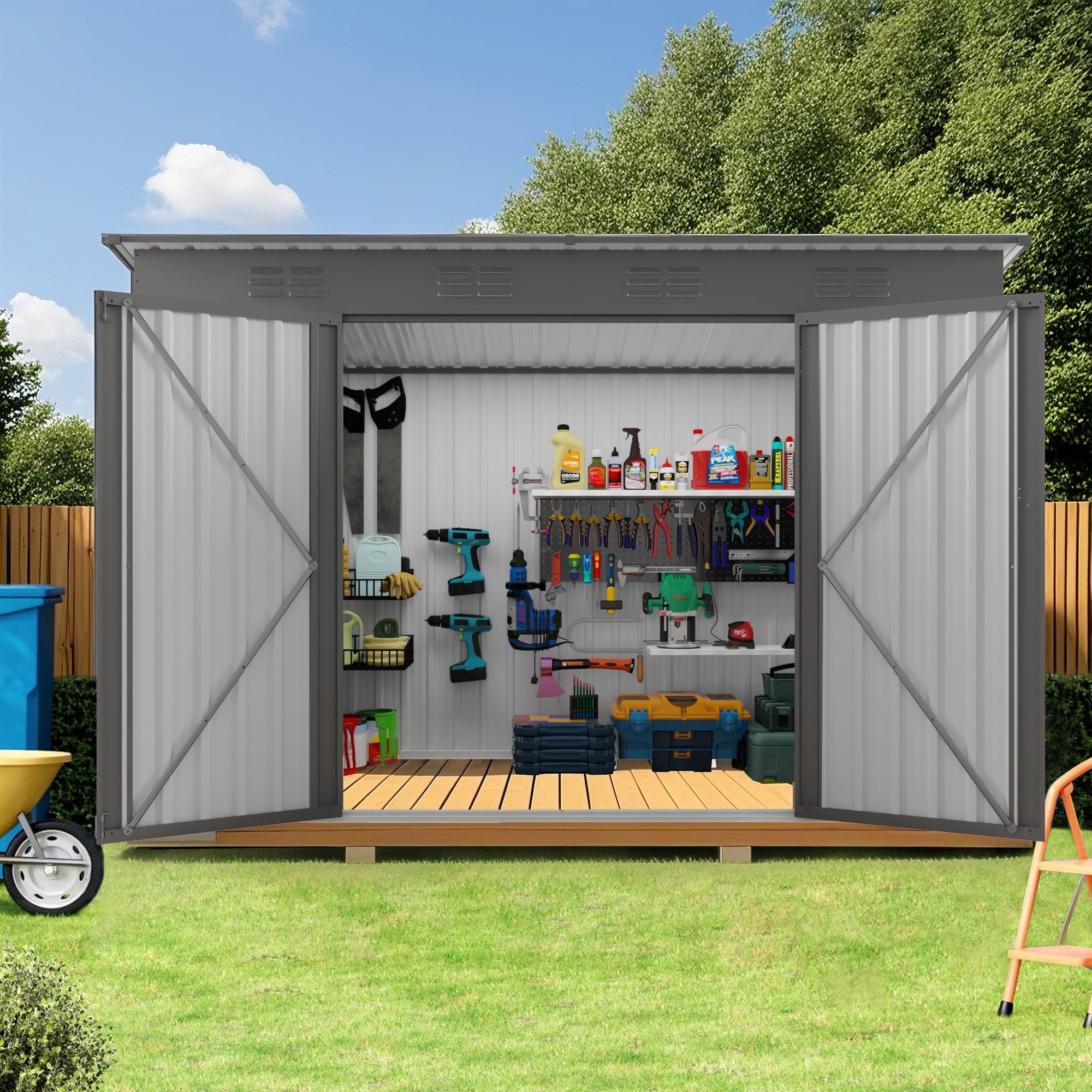4 X 9 Ft Outdoor Storage Shed Metal Garden Shed Tool House With Sloping Roof 6 Vents And 2 Swing Doors Gray