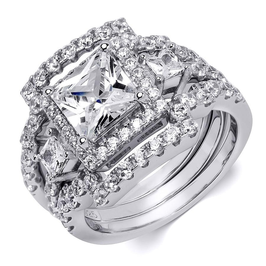 4.0 Carat Cz Womens 3 Pcs Wedding Band Engagement Ring Set Sterling Silver