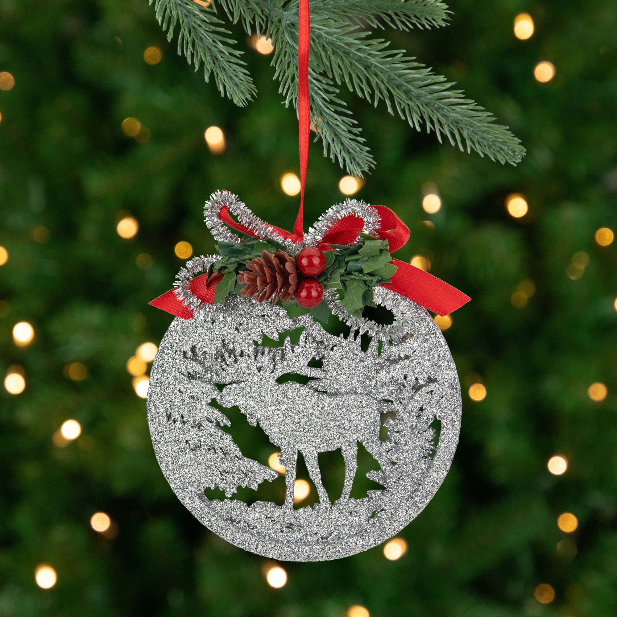 4.25 Silver Glitter Moose With Forest Trees Christmas Disk Ornament