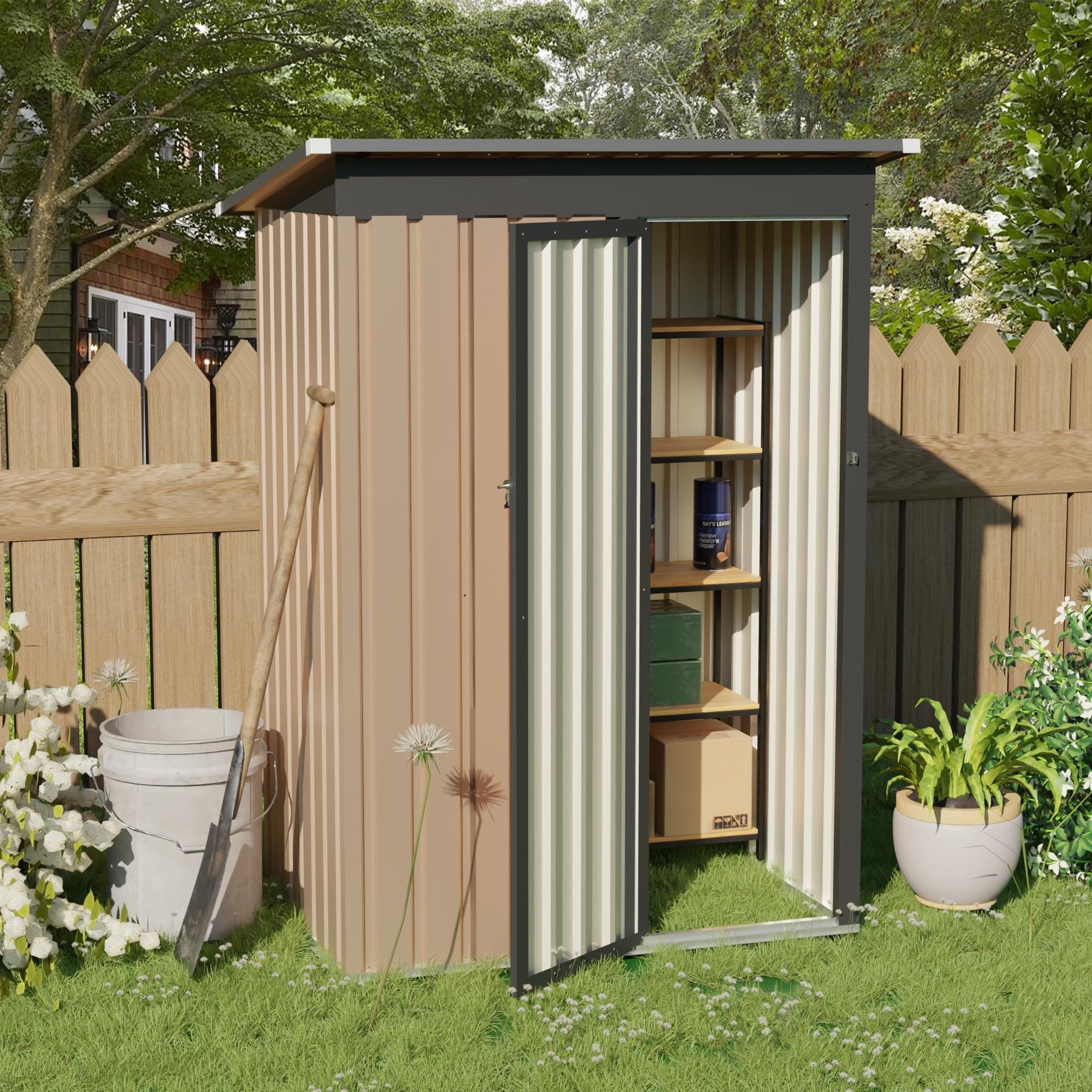 4.27X2.42 Ft Metal Garden Shed 5X3 Ft Pent Roof With Hinge Door
