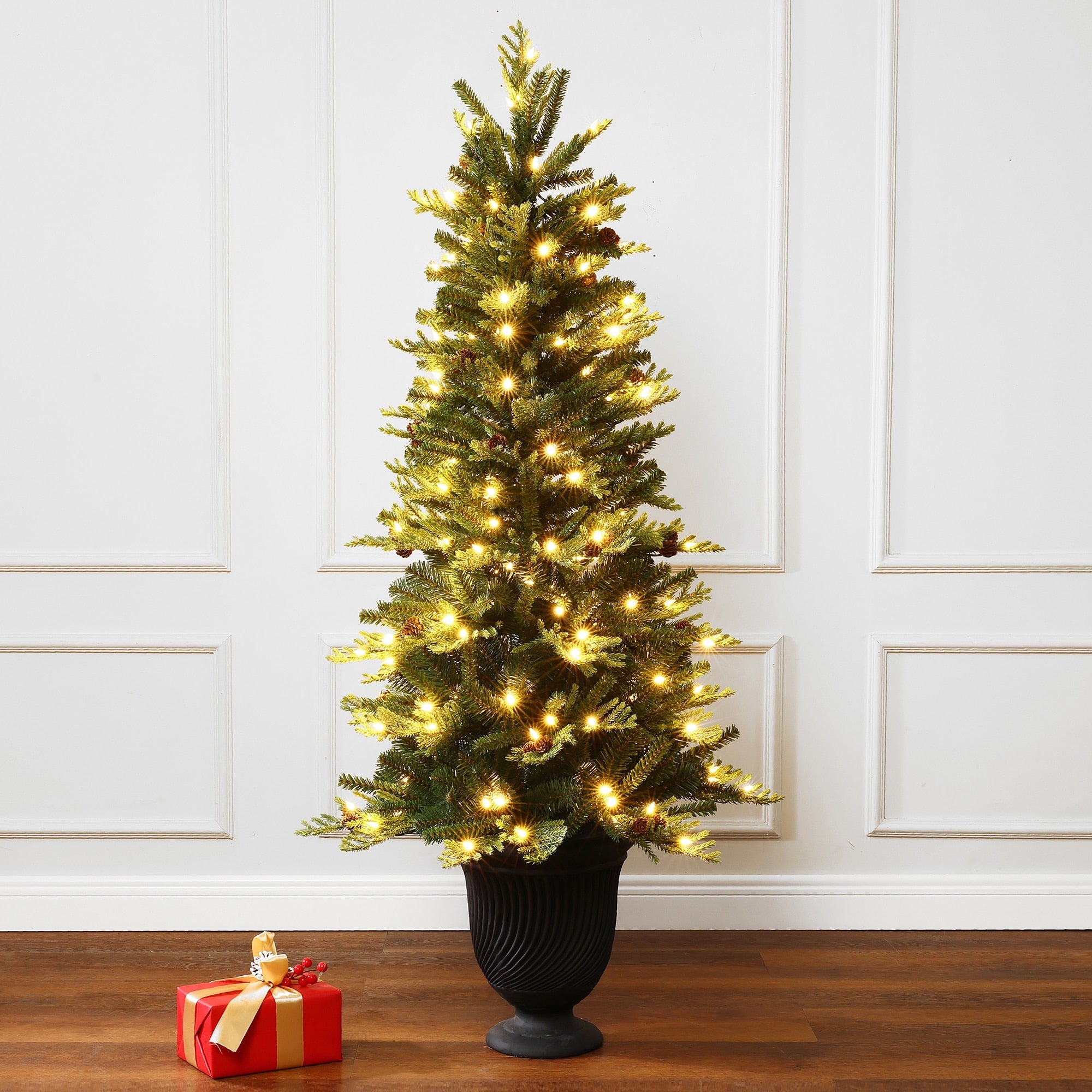 4.5Ft Pre Lit Artificial Pine Christmas Tree With Pinecones Urn Planter Pot 56.4 H X 26.4 Diameter