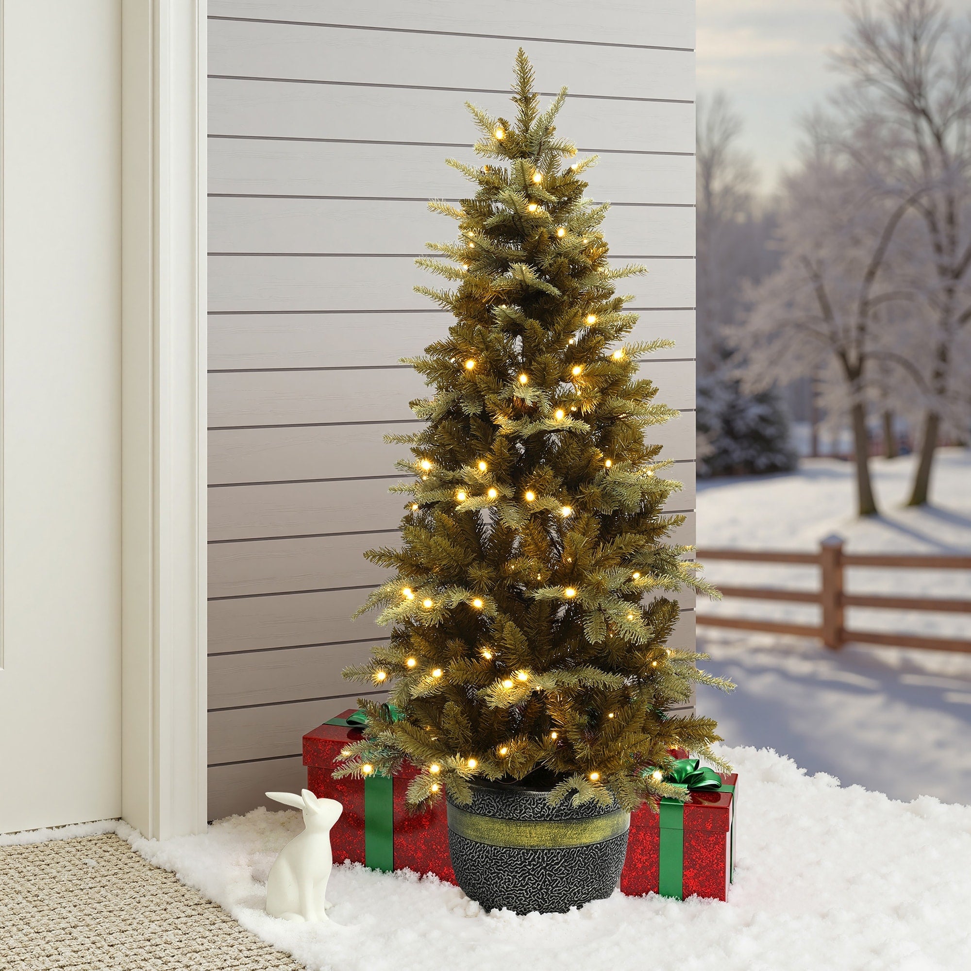 4.5Ft Pre Lit Gold Tipped Branches Artificial Christmas Tree With Modern Mgo Pot 54 H X 26.4 Diameter