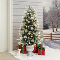 4.5Ft Pre Lit Green Artificial Christmas Tree With Light Faux Snow And White Pot 54 H X 26.4 Diameter