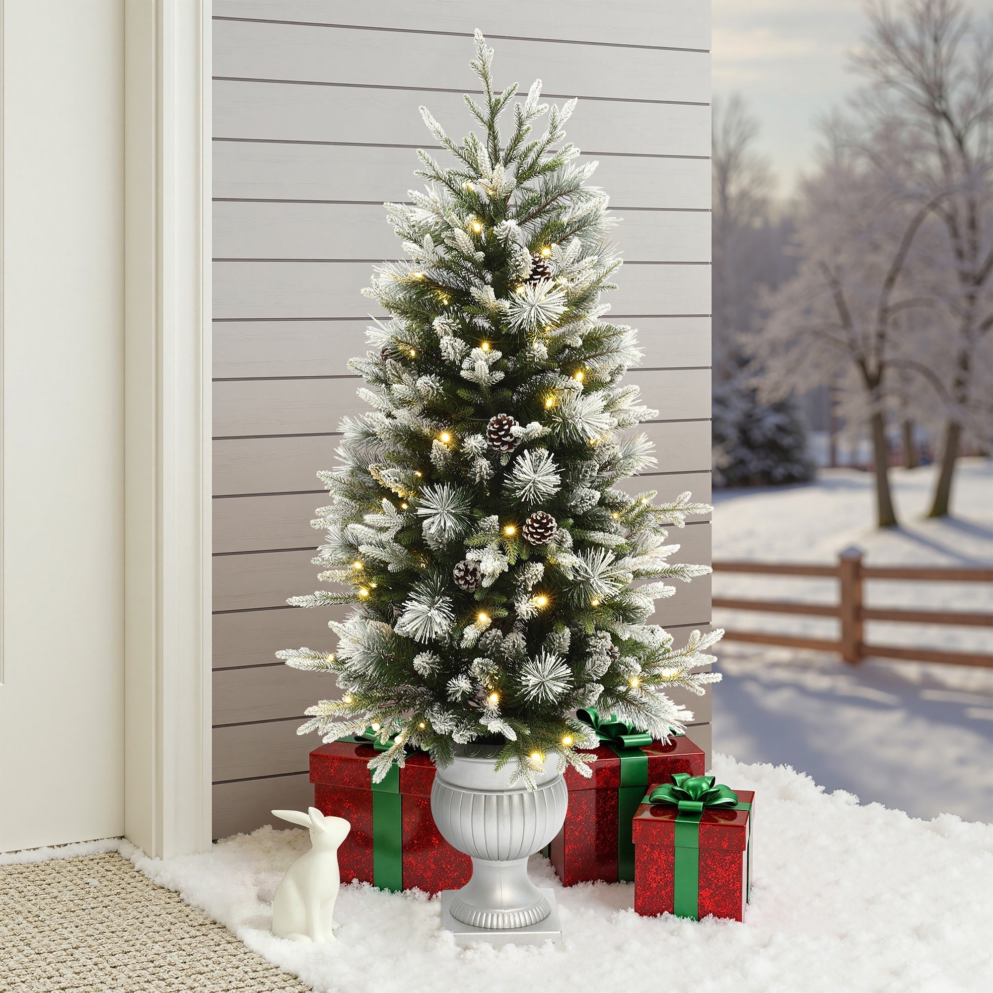 4.5Ft Pre Lit Green Artificial Christmas Tree With Light Faux Snow And White Pot 54 H X 26.4 Diameter