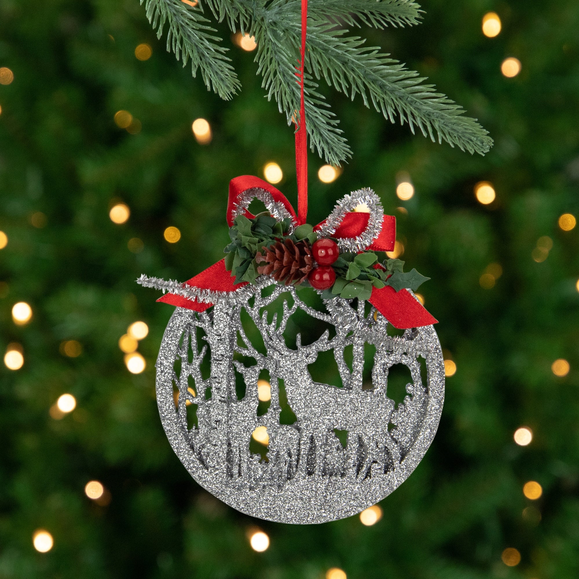 4.25 Silver Glitter Reindeer Family In Forest Christmas Disk Ornament