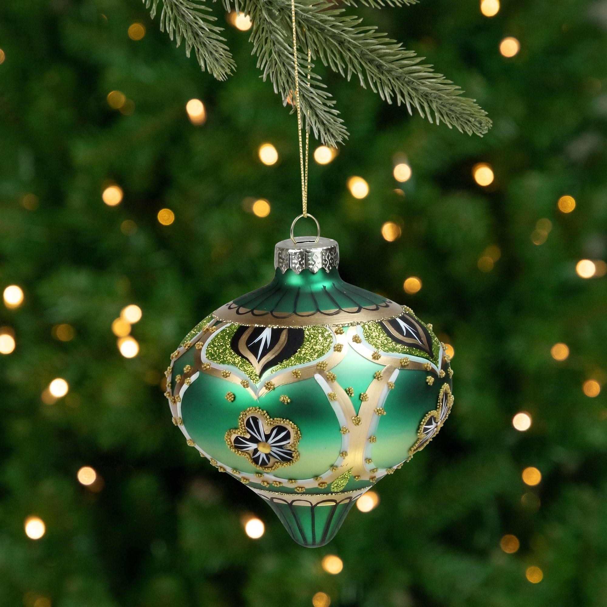 4.5 Green Gold Black Floral Bead And Jewel Glass Onion Christmas Ornament