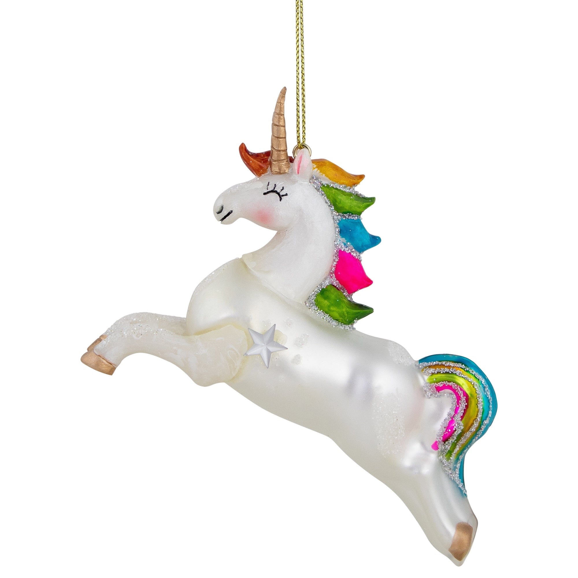 Glittery Rainbow Unicorn Glass Christmas Ornament 4.5 N A