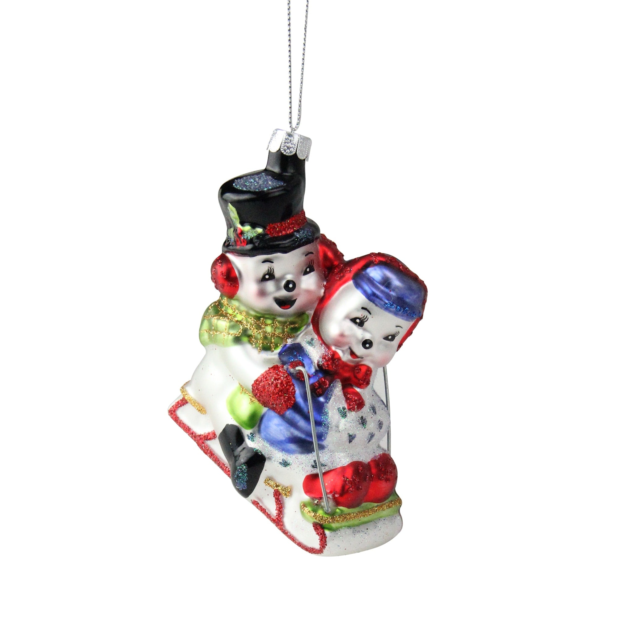 4.5 Festive Cheerful Sledding Snowmen Couple Glass Christmas Ornament