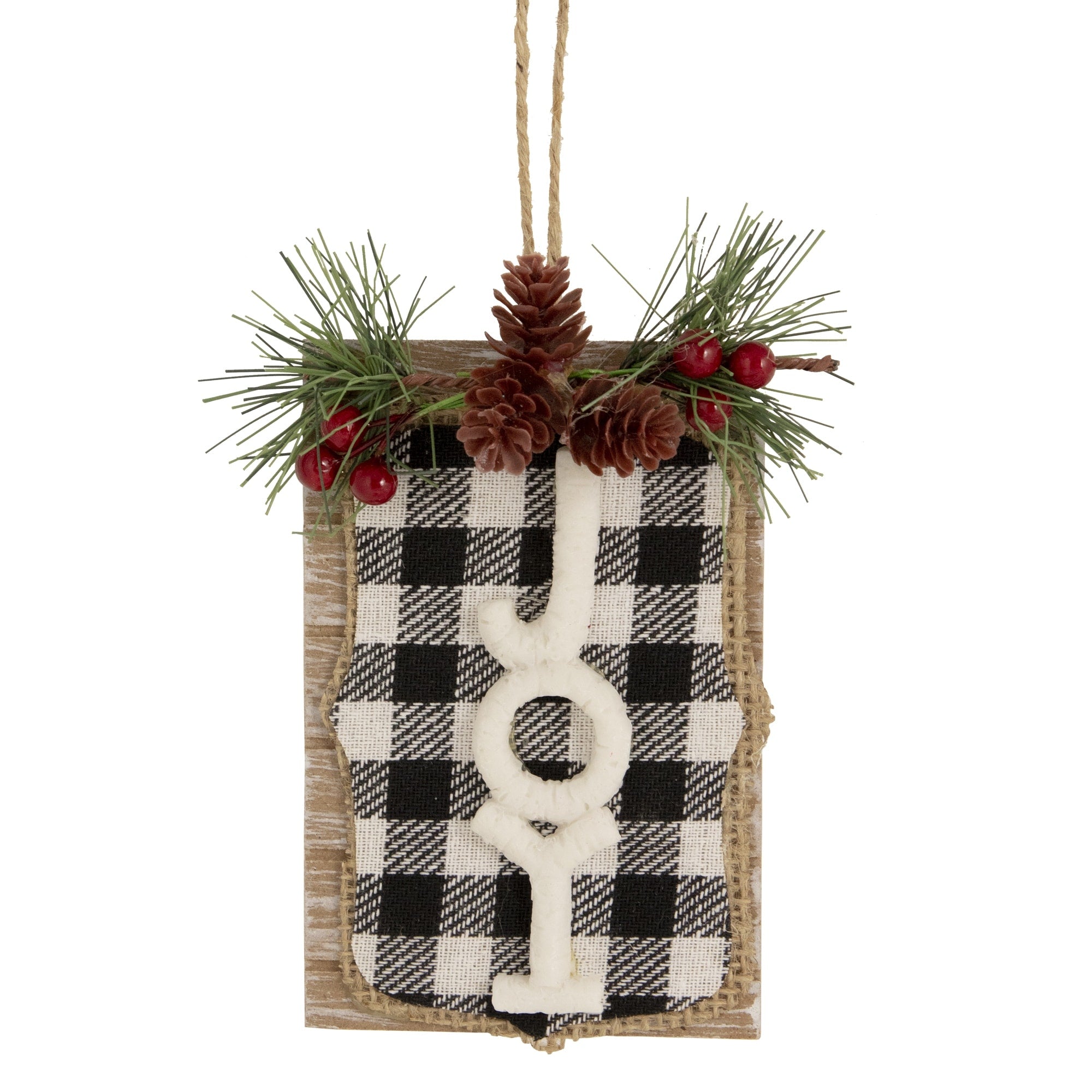 White And Black Plaid Wooden Joy Door Sign With Needles And Pine Cones Christmas Ornament 4.75
