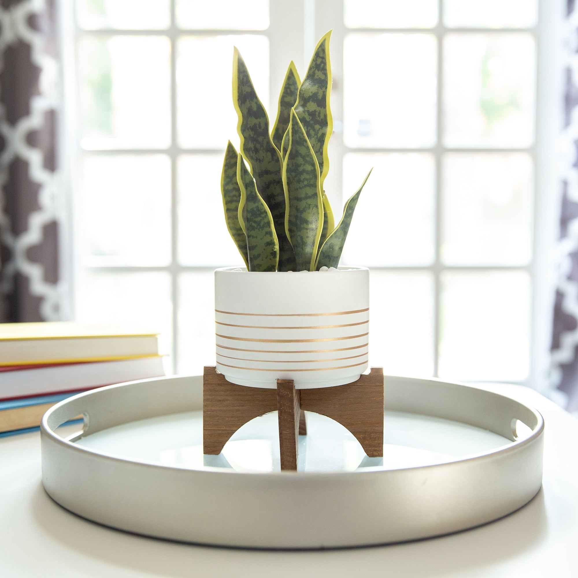 4.75 Gold Line Ceramic Planter On Wood Stand