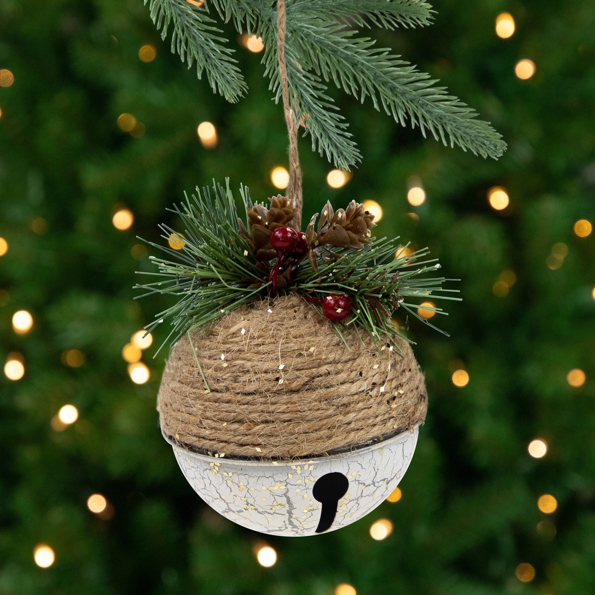 3 Rustic Jute Pine Cone And Holly Berry Jingle Bell Christmas Ornament