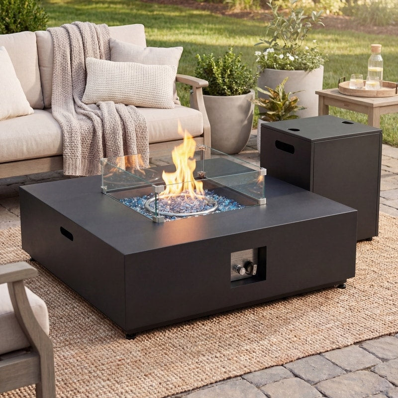 40 Inch Low Profile Square Fire Pit Table With Side Table 50 000 Btu Propane Ready Ng Convertible