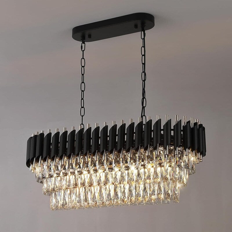 40 In. Black Crystal Chandelier 13 Light 3 Tier Rectangular Smoky Grey Modern Pendant Light For Dining Room Kitchen Island