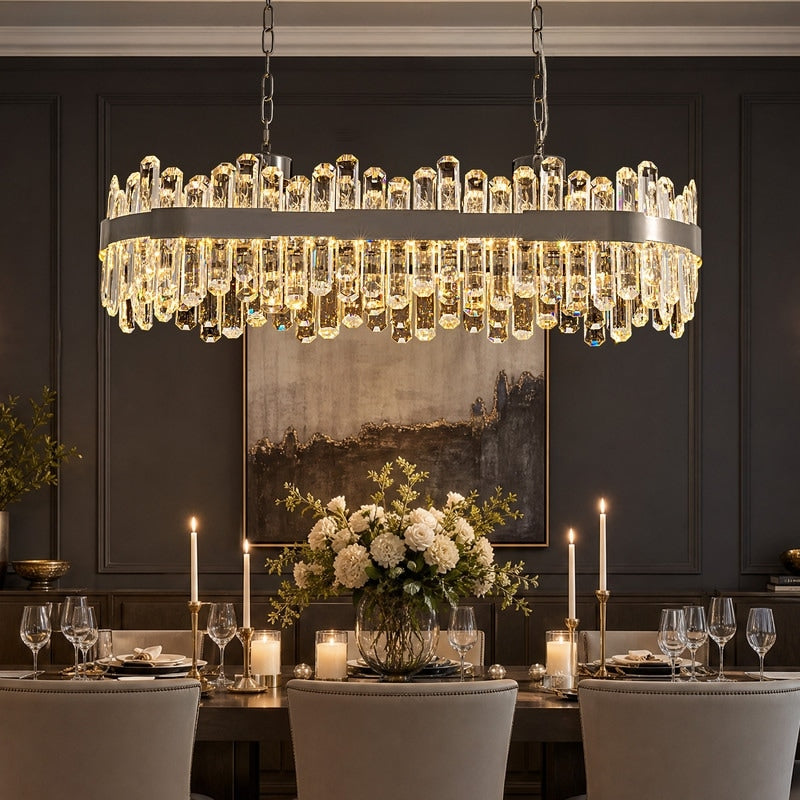 40 In. Modern Crystal Chandelier Graphite Black Rectangular Led Crystal Dining Room Chandelier With Remote For Kitchen Island