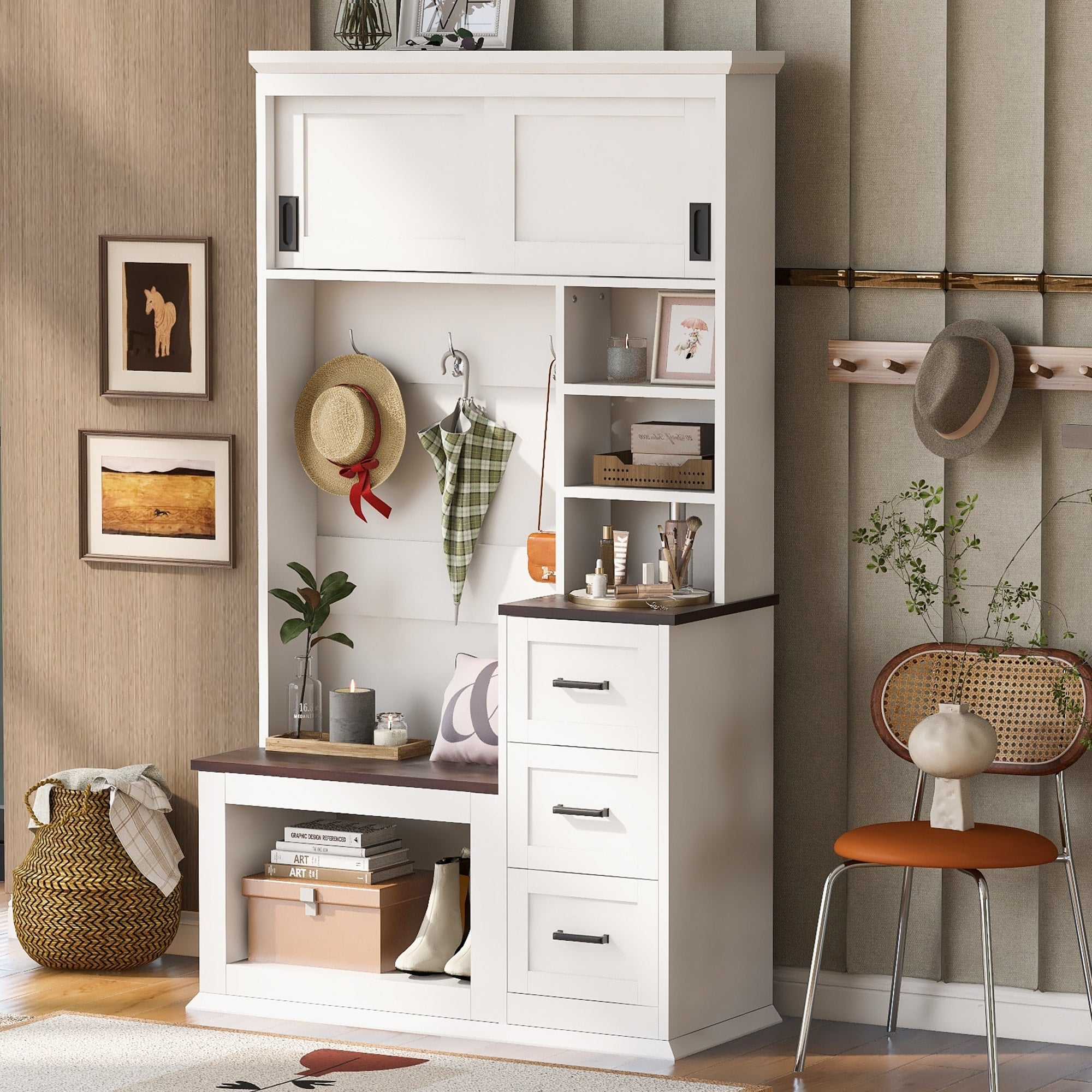 40.2 Wide Hall Tree With Storage Bench For Hallway Entryway Bench With Coat Rack 3 Shelves And Drawers 3 Sturdy Hooks