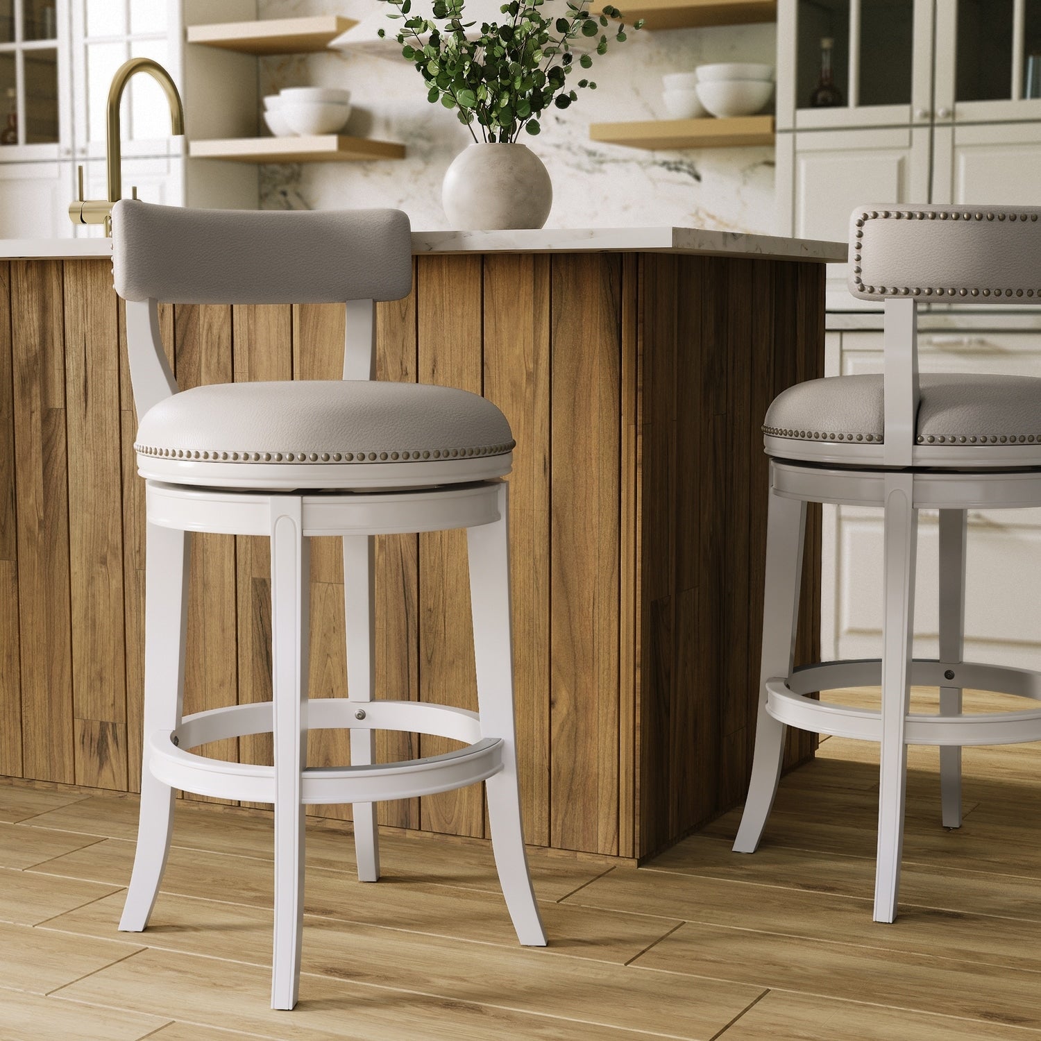 40.5 In.H White Finish Low Back Wood Frame Barstool Leather Seat Set Of 1 42