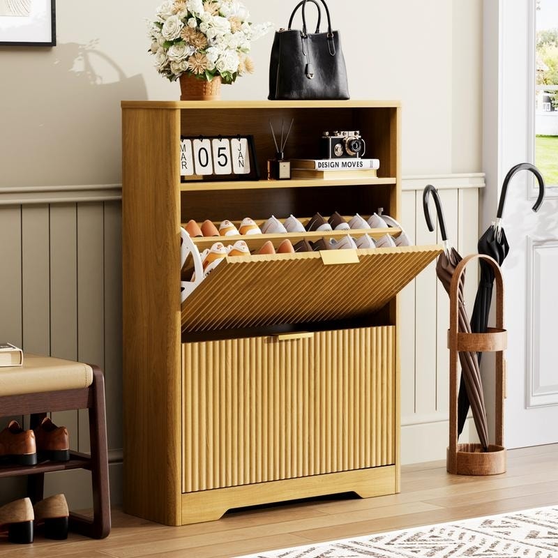 40 Tall Shoe Cabinet Storage For Entryway Free Standing Organizer With Two Hidden Flip Drawers