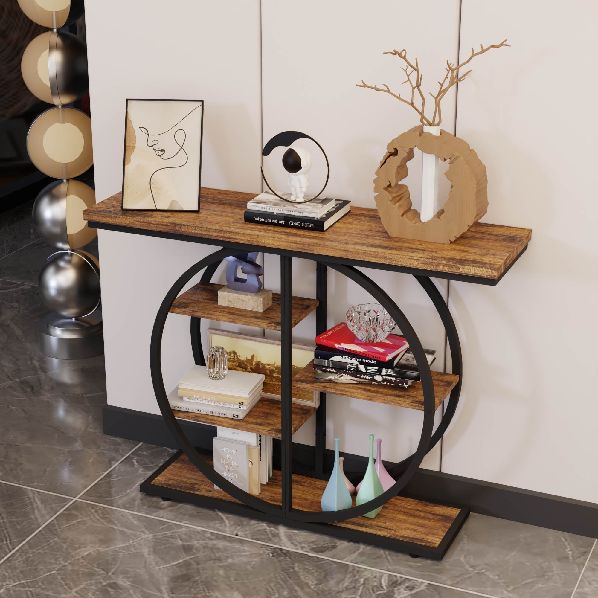 41.3 Inch Industrial Console Table For Entryway Narrow Sofa Table With Storage Shelves Circle Base