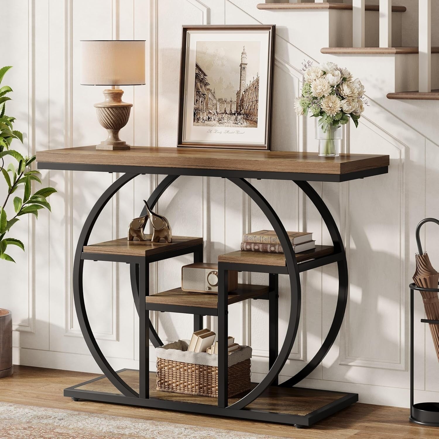 41.3 Console Sofa Table With Storage Shelves 4 Tier Wood Accent Table For Entryway Living Room Hallway Foyer