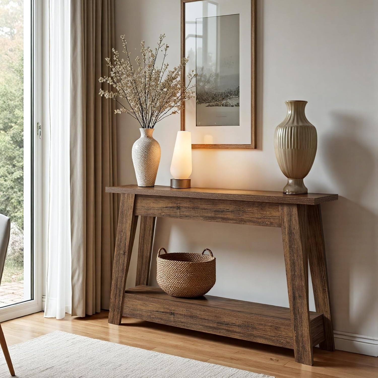 41.3 Farmhouse Console Table 2 Tier Wooden Entryway Table With Storage Rustic Narrow Behind Couch