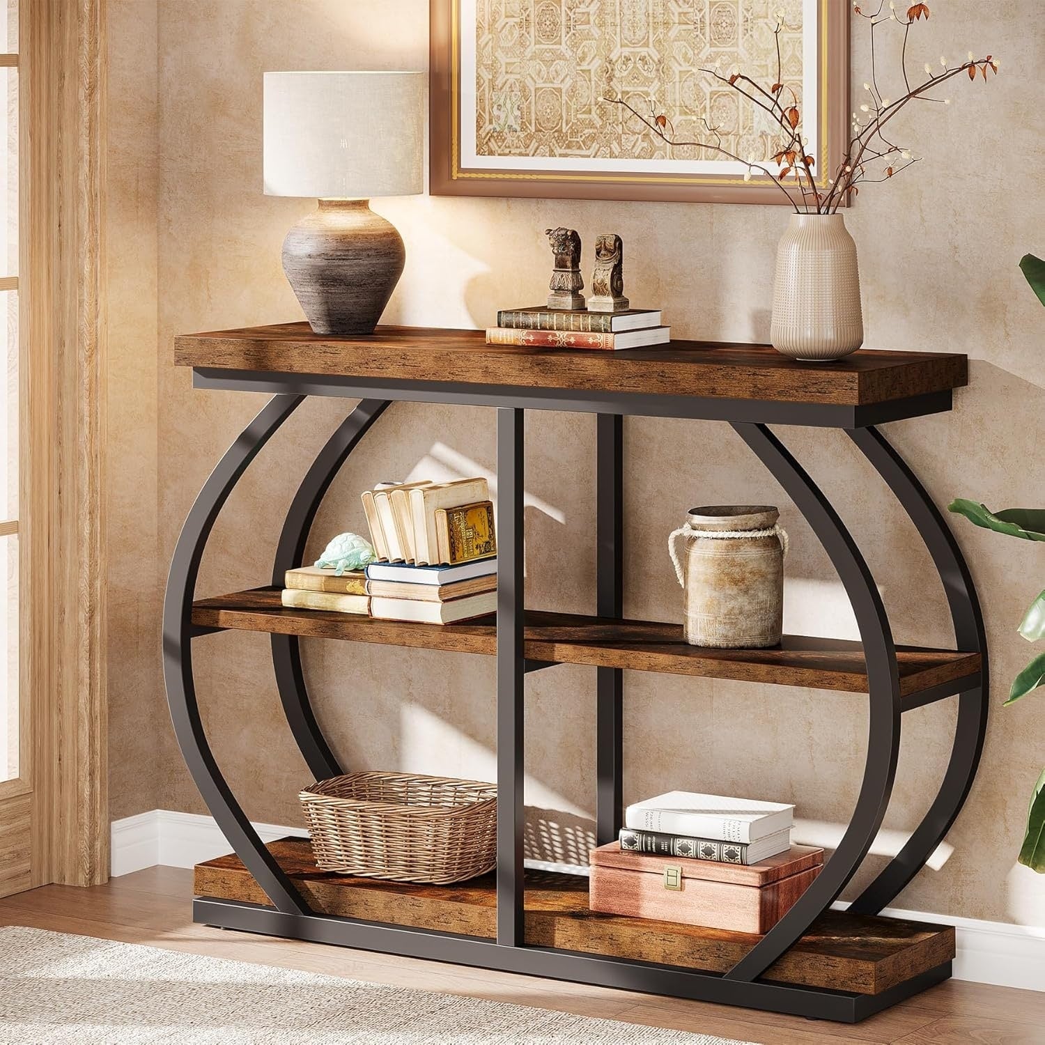 41.3 Industrial 3 Tier Console Table With Arched Metal Frame And Shelves 11.8 D 41.3 W 31.5 H
