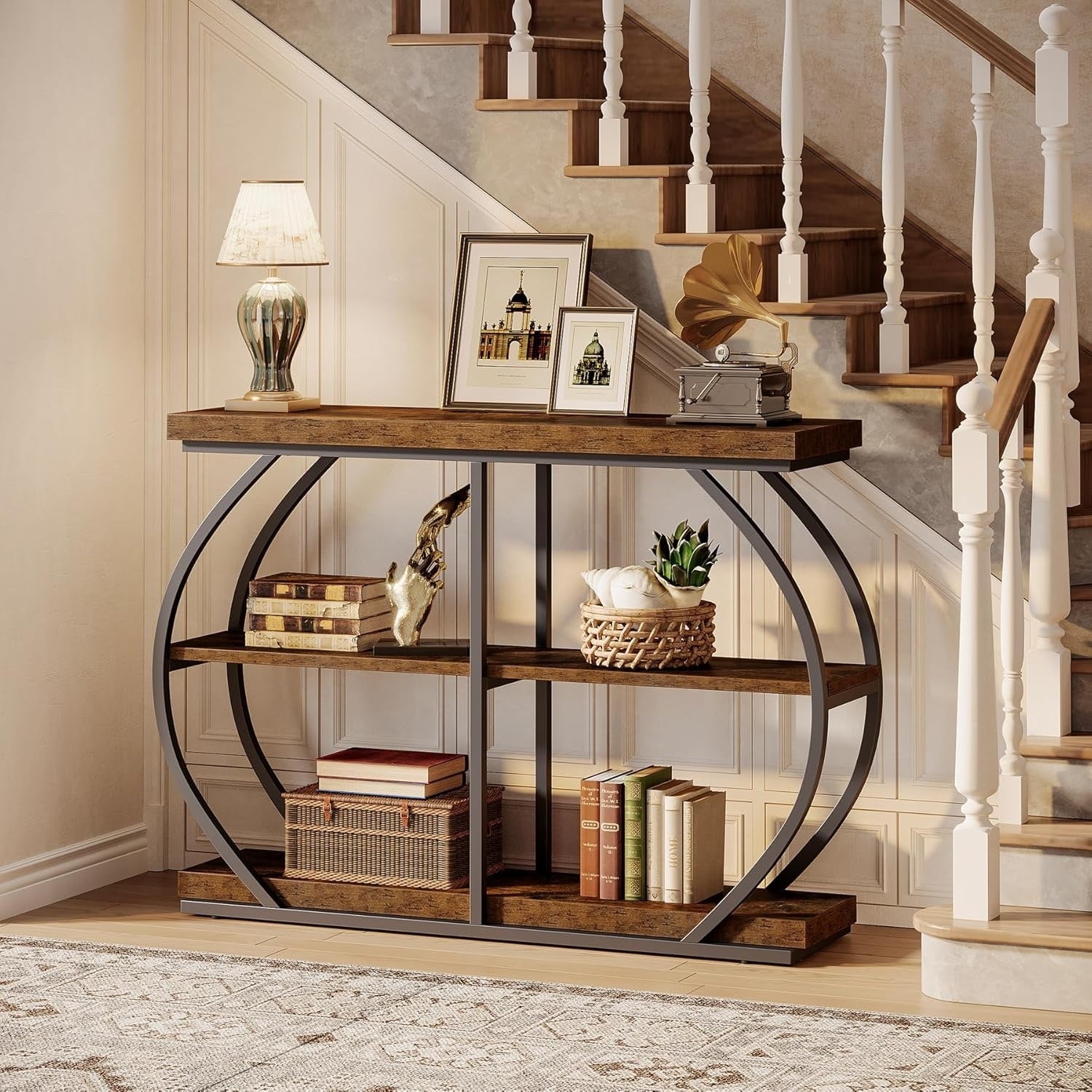 41.3 Industrial 3 Tier Entryway Console Table With Arched Metal Frame For Living Room Hallway
