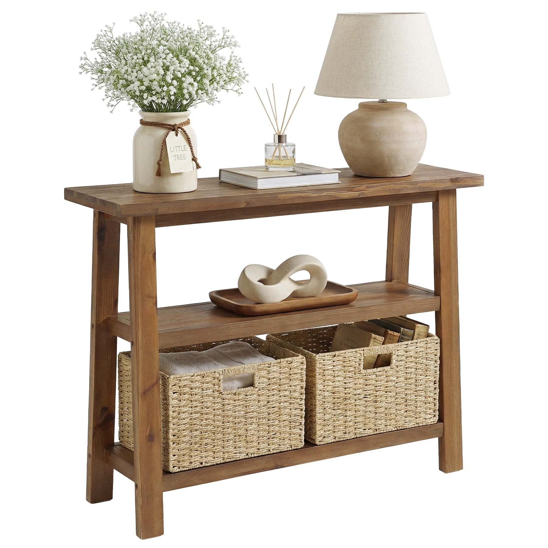 41.3 Solid Wood Console Table Farmhouse Entryway Table With 2 Storage Basket