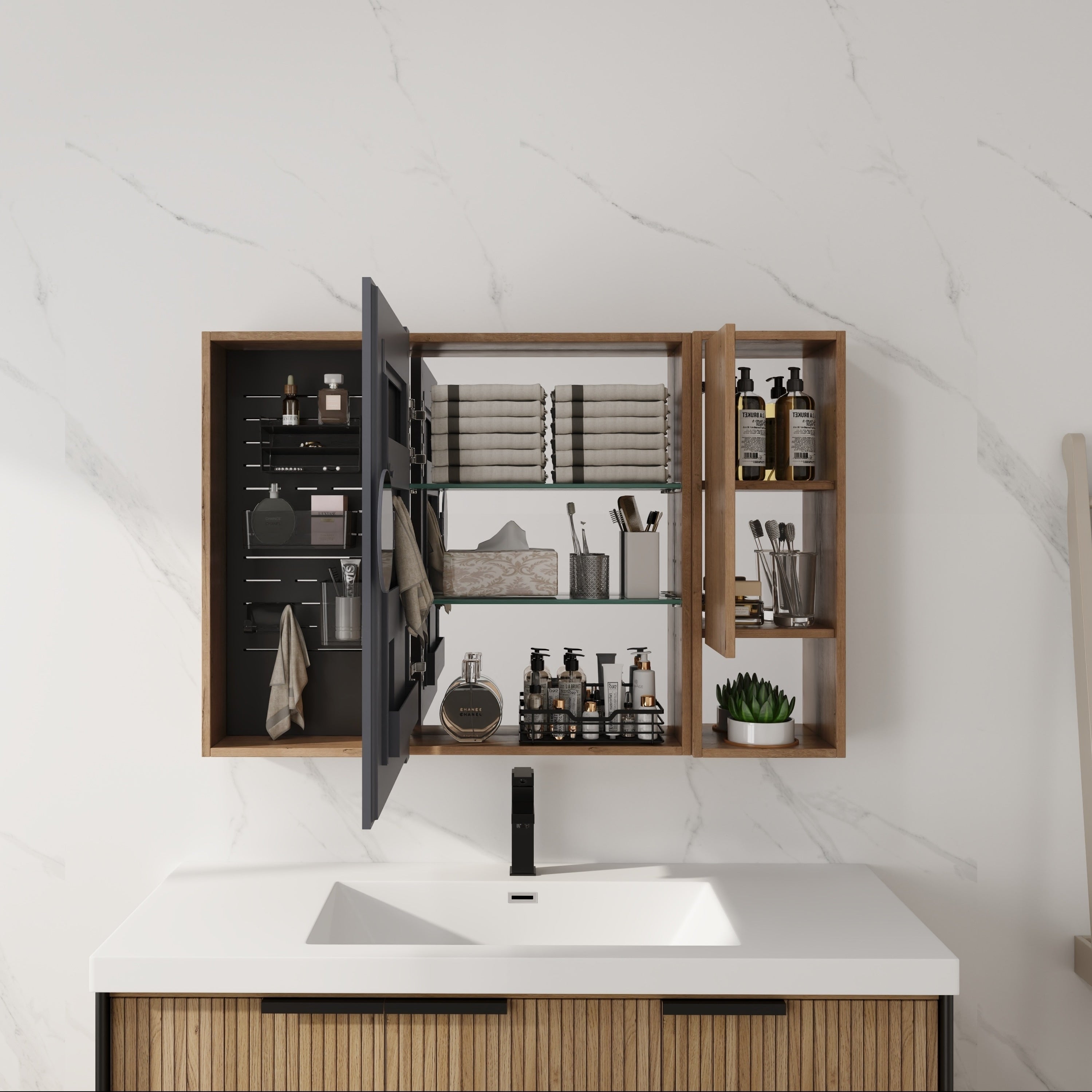 41.7 Bathroom Mirror Cabinet With Storage Combination Wall Mounted Cabinet With Soft Close Door With Plastic Bins Hooks