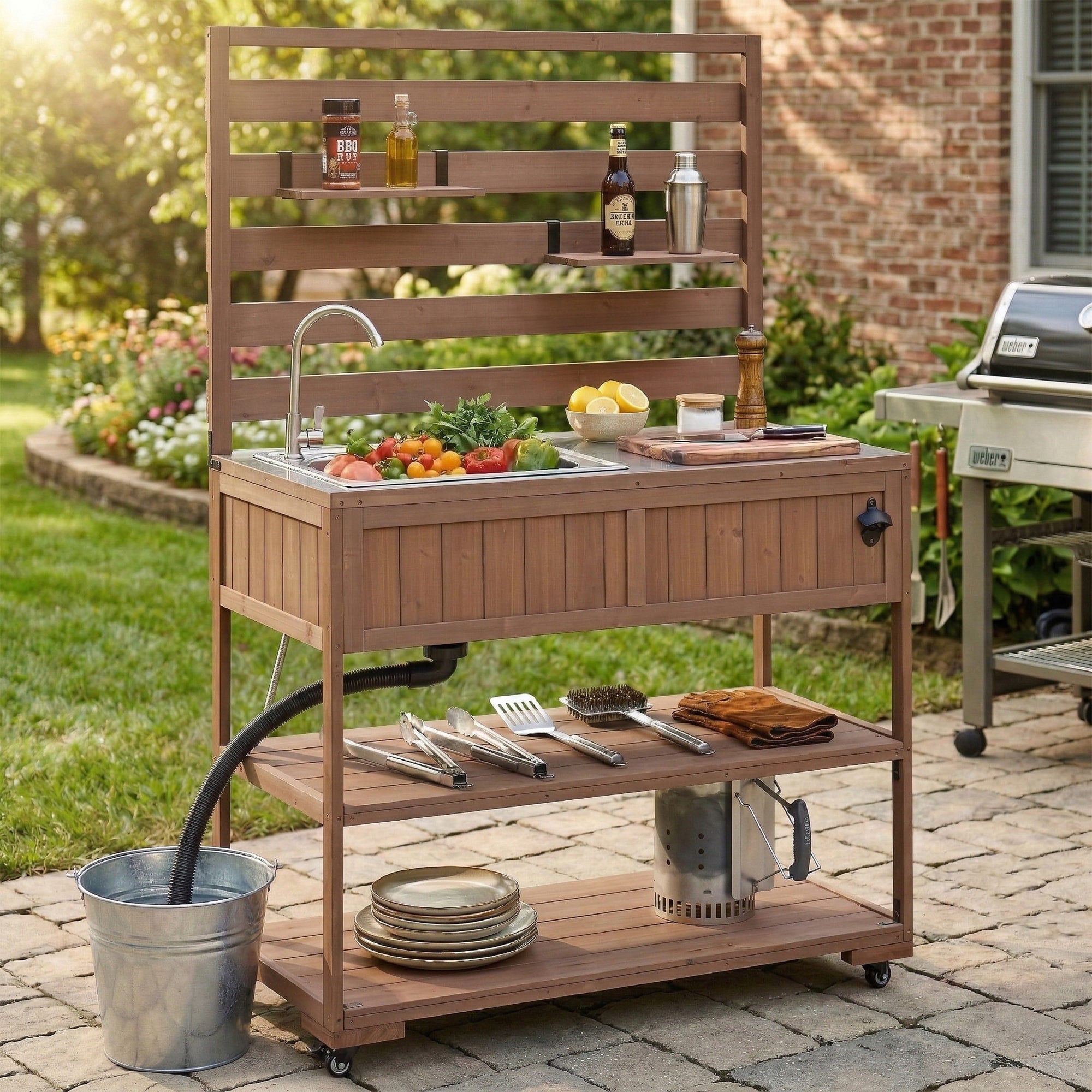 41.7 Large Patio Rolling Kitchen Island Solid Wood Kitchen Cart With Sink Garden Potting Bench With Stainless Table Top