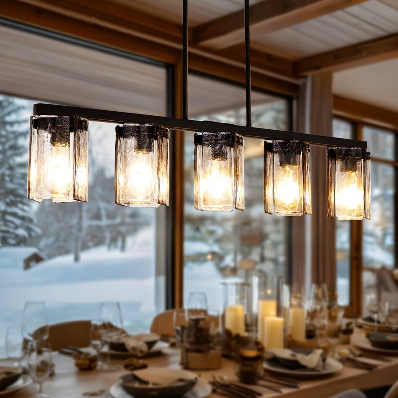 41 Farmhouse Linear Chandelier 5 Light Matte Black Kitchen Island Lighting With Handcrafted Bent Glass Shades For Dining Room