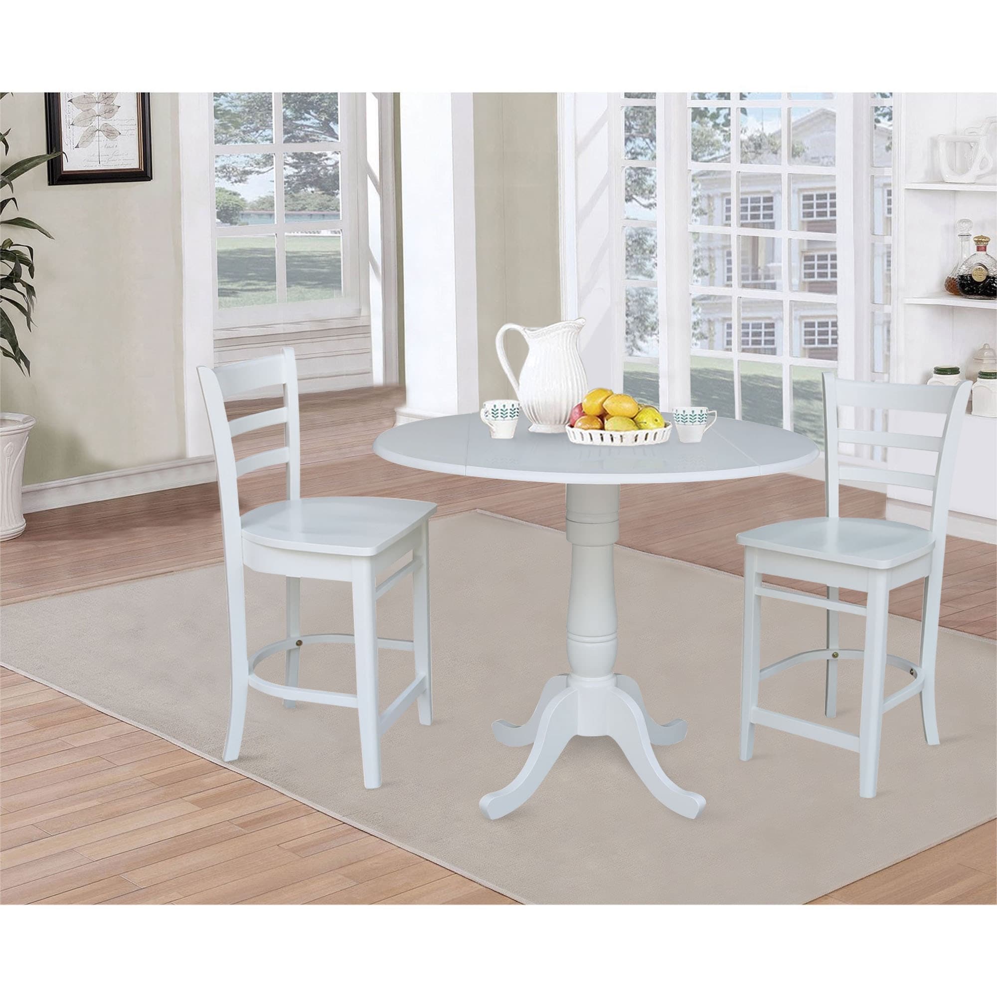 42 In Round Top Pedestal Gathering Height Drop Leaf Table With 2 Counter Height Stools