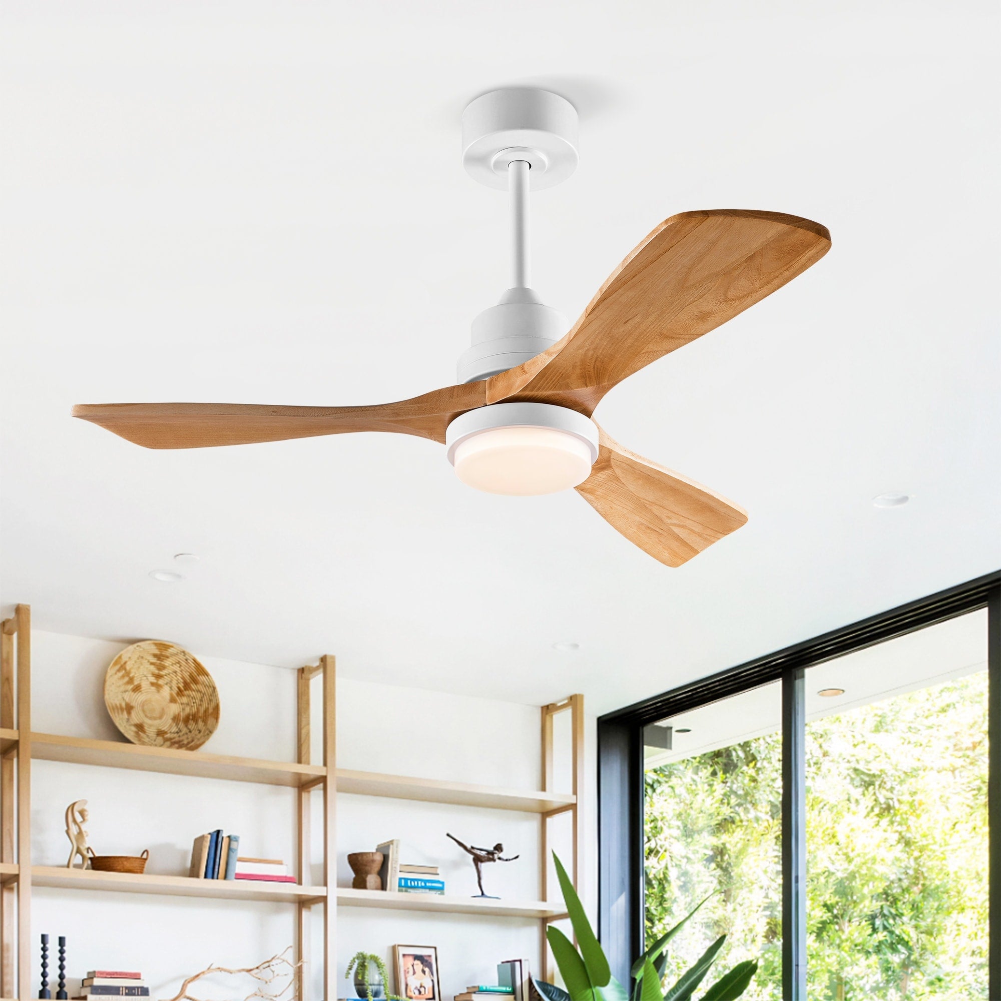 42 Inch Modern Ceiling Fan With 3 Color Dimmable 3 Solide Wood Blades Remote Control Reversible Dc Motor With Led Light
