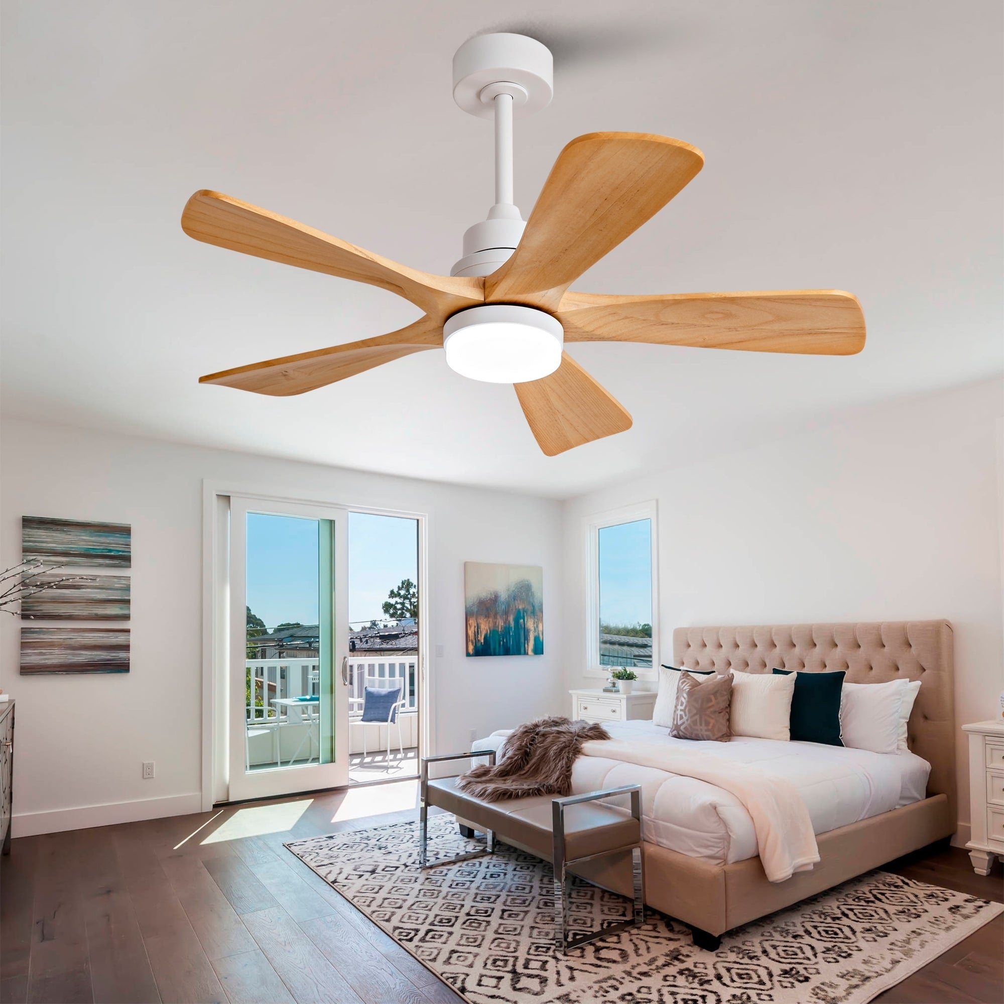 42 Inch Modern Ceiling Fans With Lights And Remote Control 5 Solide Wood Blades Reversible Dc Motor