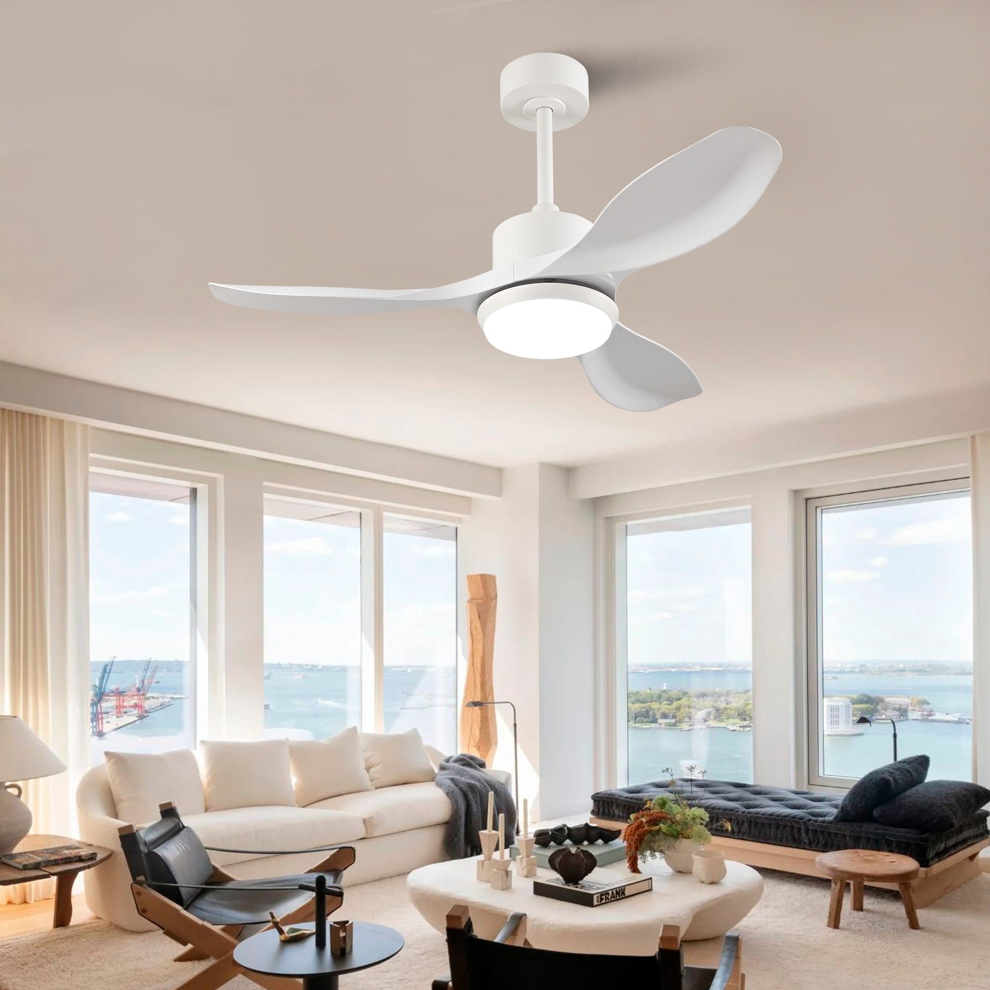 42 Inch Modern White Ceiling Fan With Light Featuring 3 Abs Plastic Blades Remote Control Operation White Marble