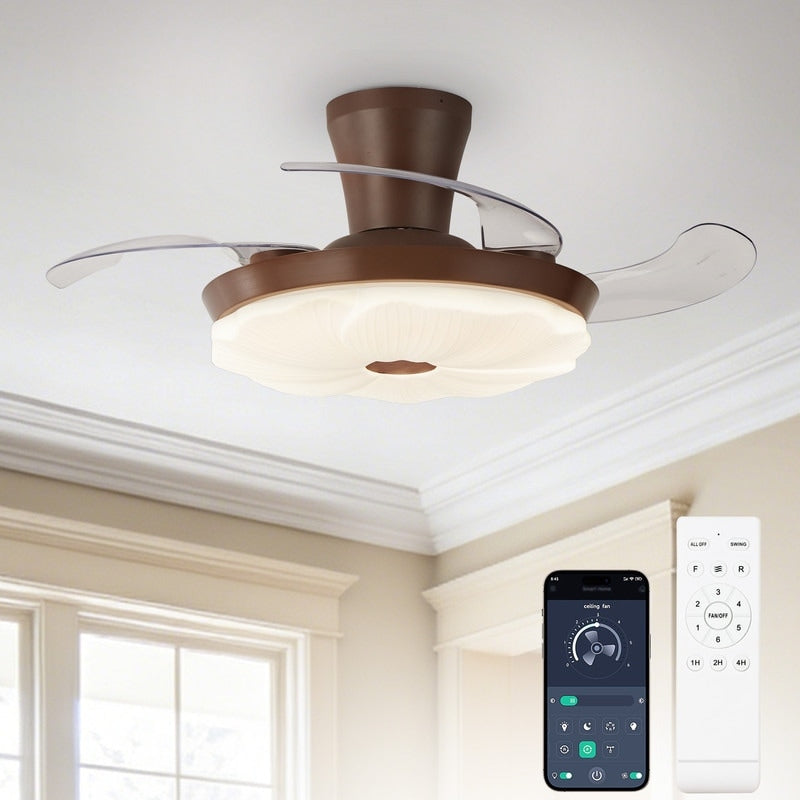 42 Inch Walnut Clear 4 Blade Retractable Invisible Ceiling Fan With Light Dimmable