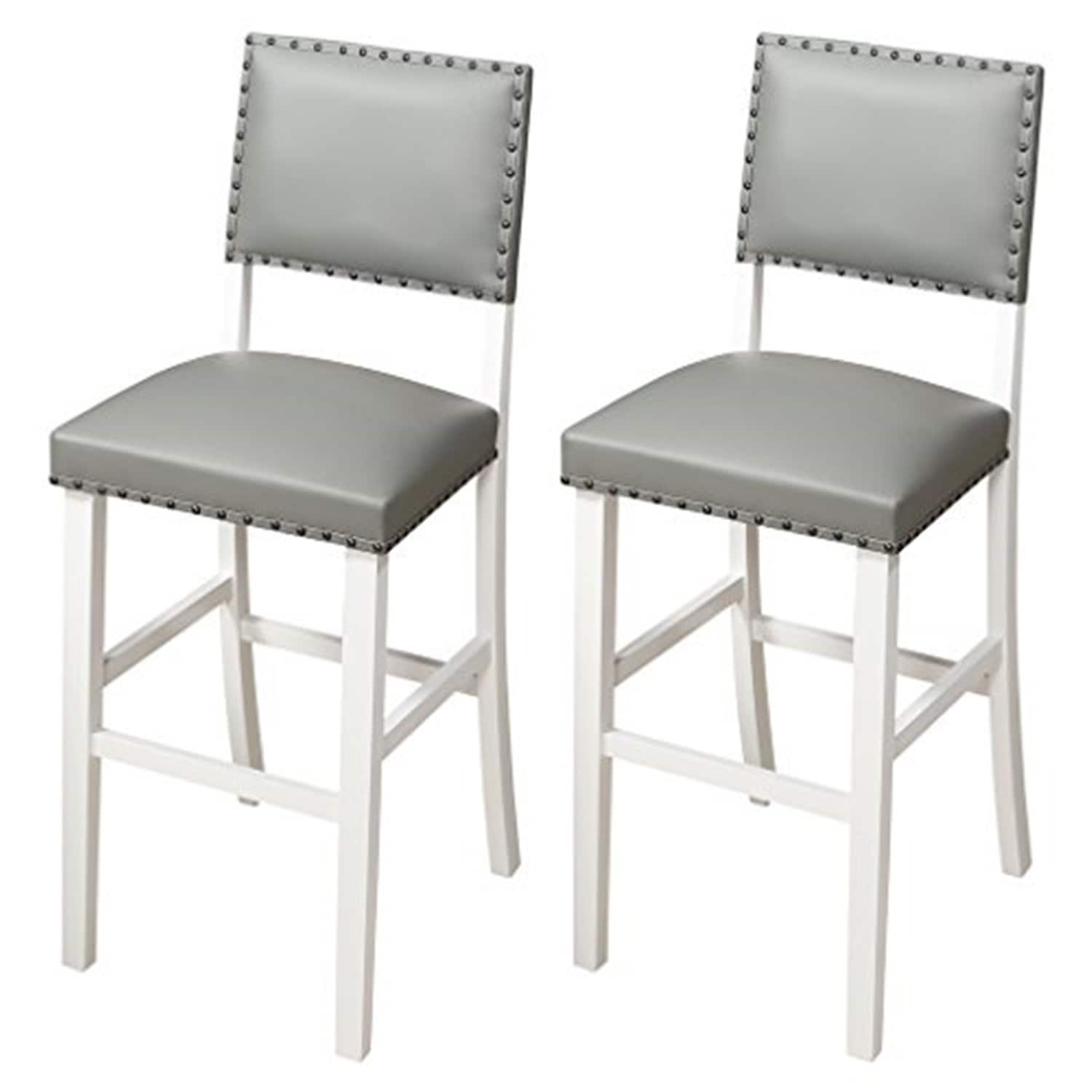 42 In.H White Finish Low Back Wood Frame Barstool Leather Seat Set Of 2 43.5