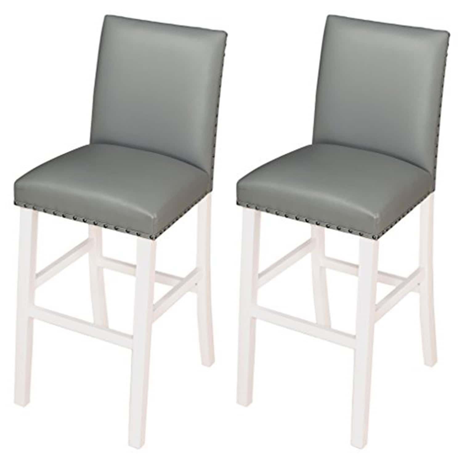 42 In.H White Finish Low Back Wood Frame Barstool Leather Seat Set Of 2 43.5