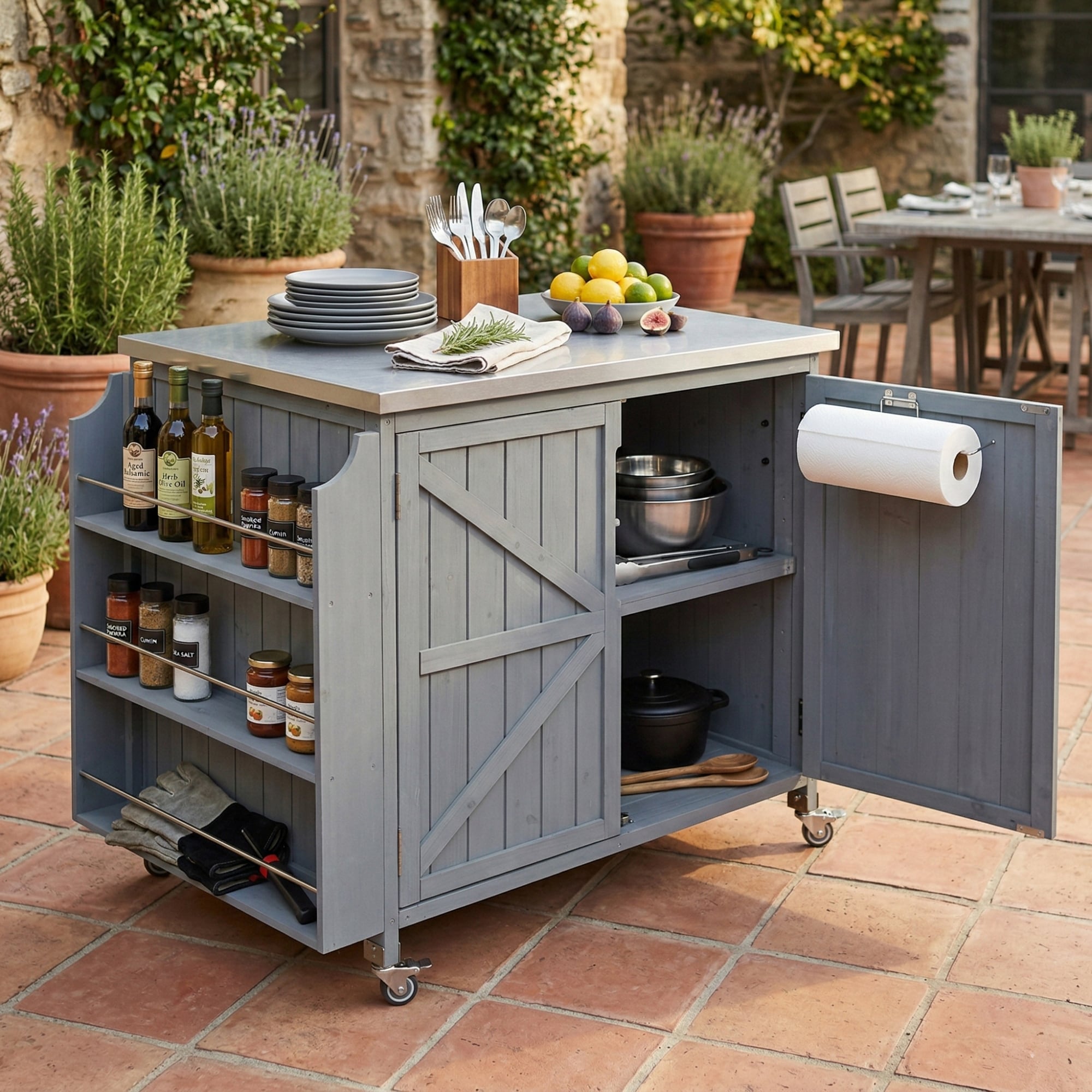 42.1 Outdoor Kitchen Island With Side Shelf Stainless Steel Top Adjustable Shelf 4 Wheels